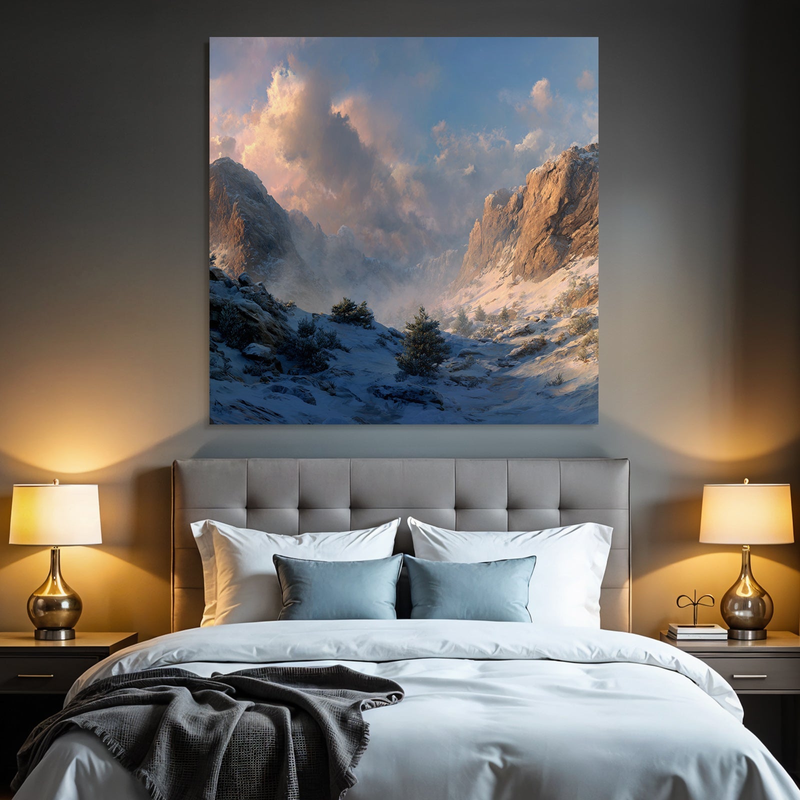 Landschaft Schneebedeckte Berge Felsklippen Dramatische Wolken