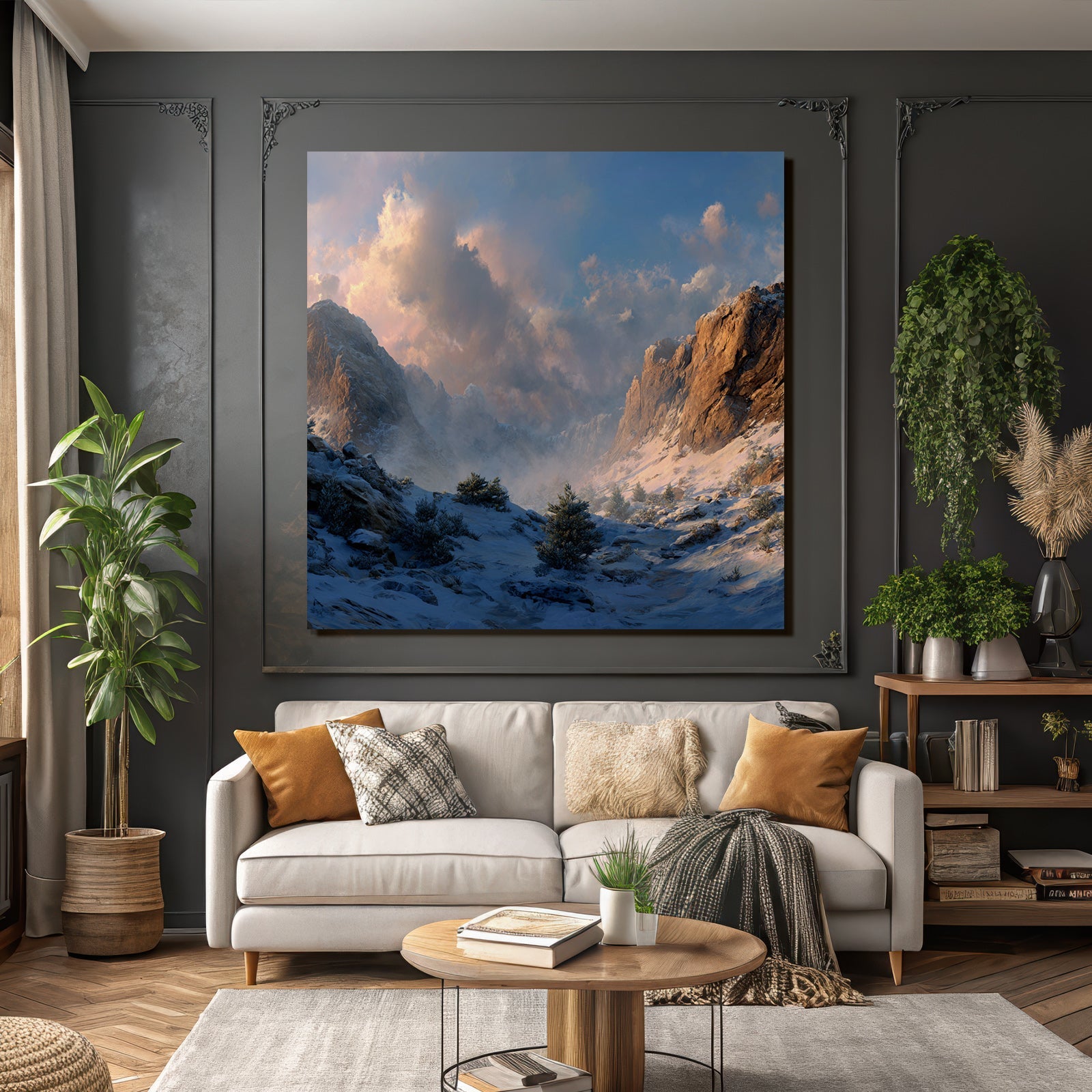 Landschaft Schneebedeckte Berge Felsklippen Dramatische Wolken