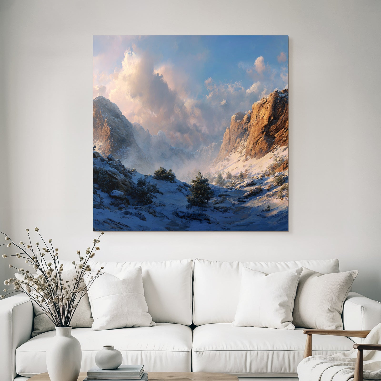 Landschaft Schneebedeckte Berge Felsklippen Dramatische Wolken