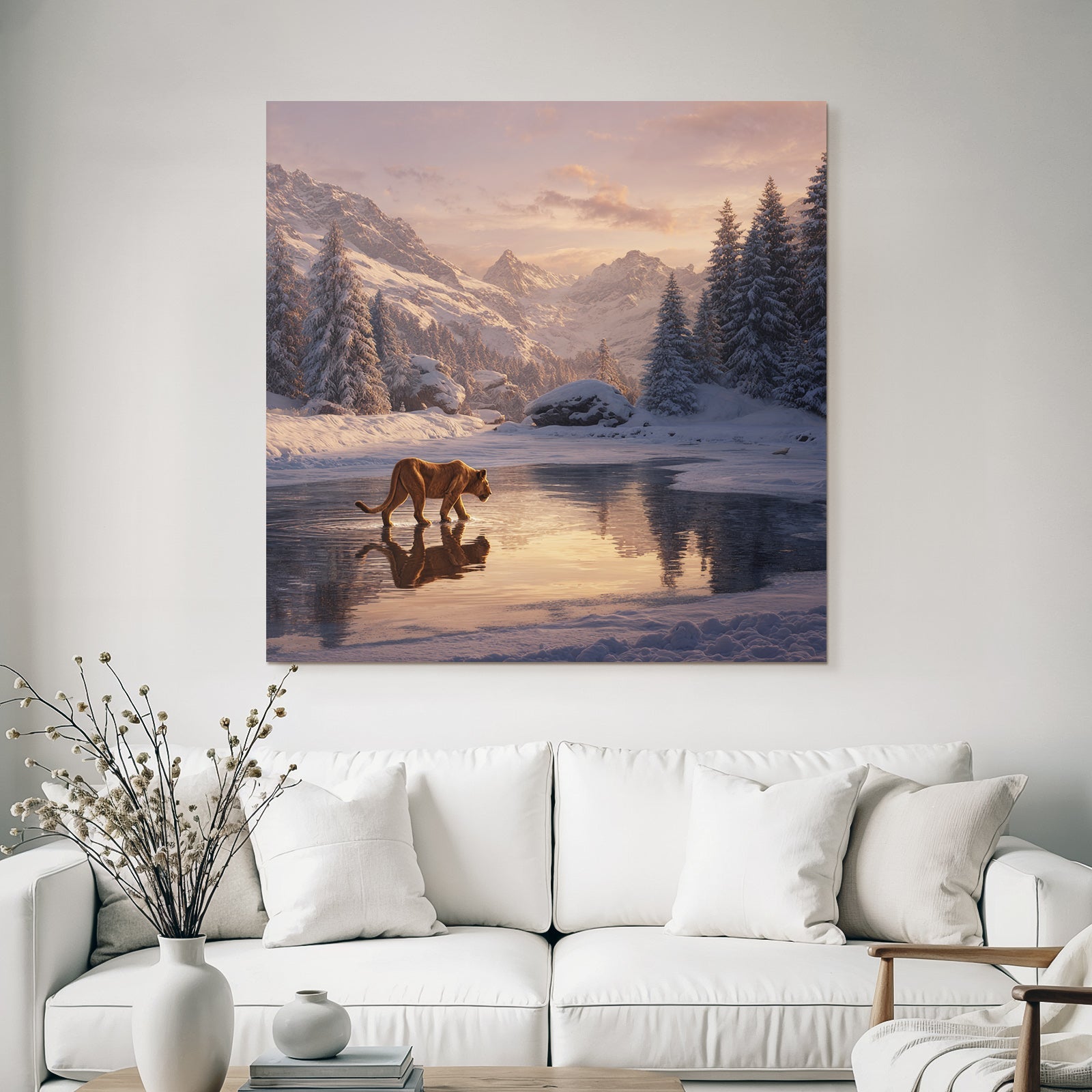 Lioness Im Landschaft Spiegelung Bergaussicht