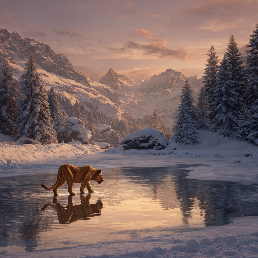Lioness Im Landschaft Spiegelung Bergaussicht | Winter | Jahreszeiten