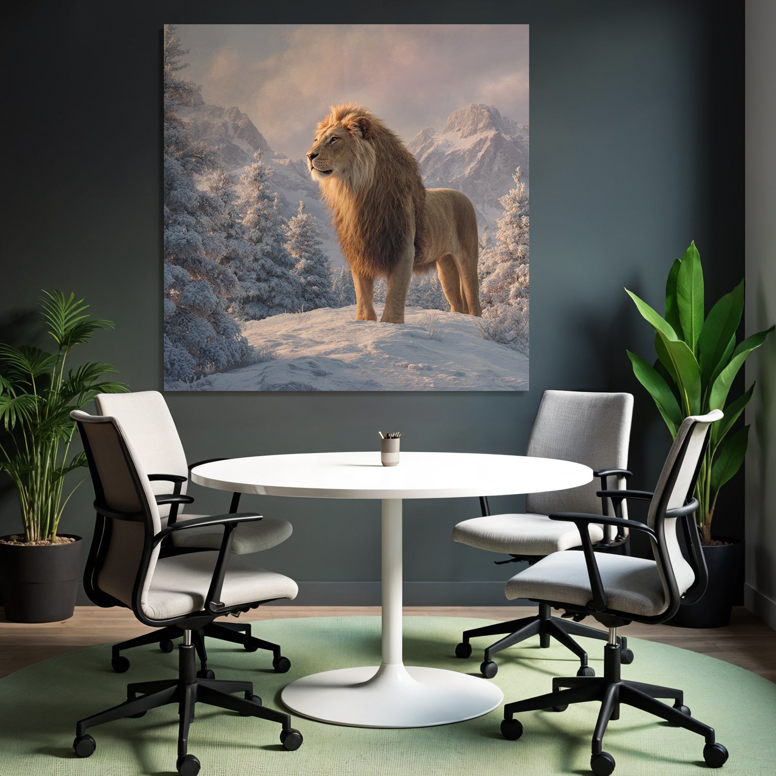 Löwe Im Schneelandschaft Mit Bergen Hintergrund Atmosphäre