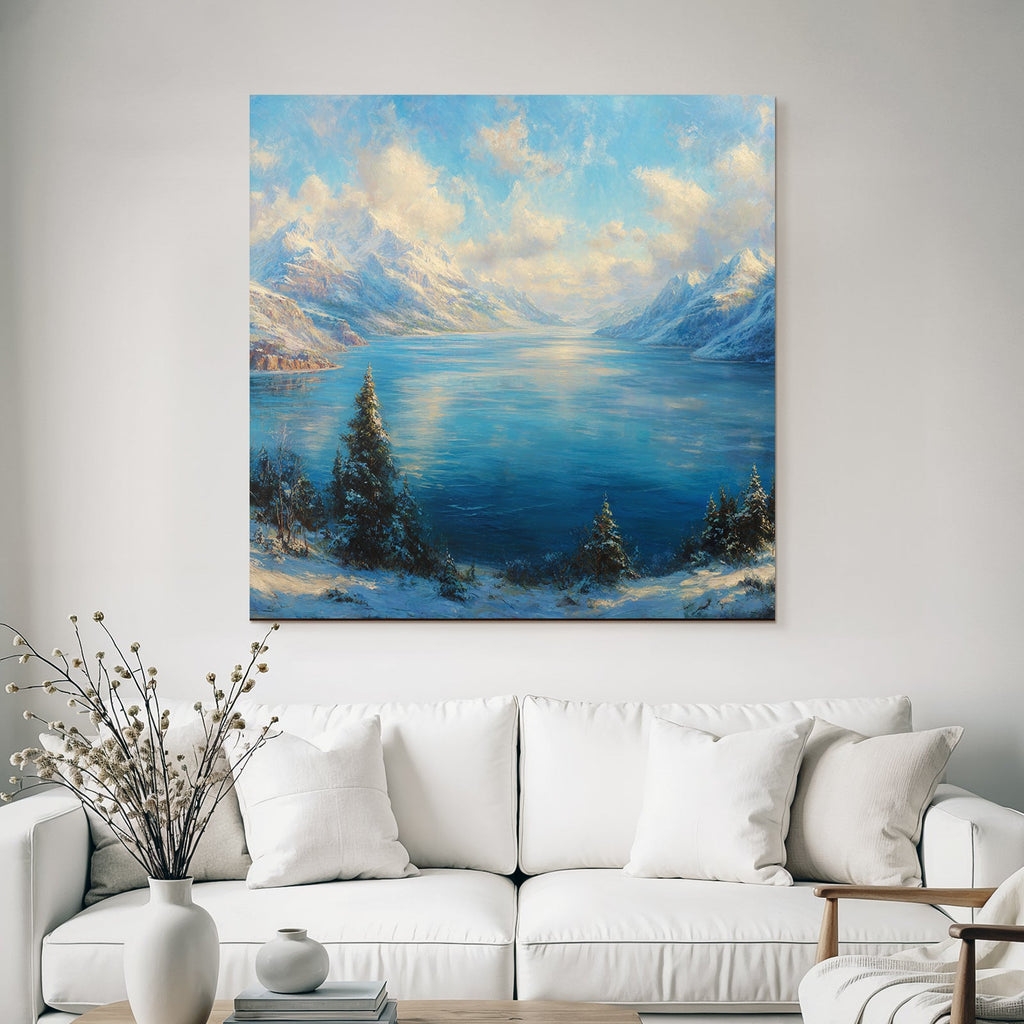 Ruhige Landschaft Mit Schneebedeckten Bergen Und Klarem Wasser