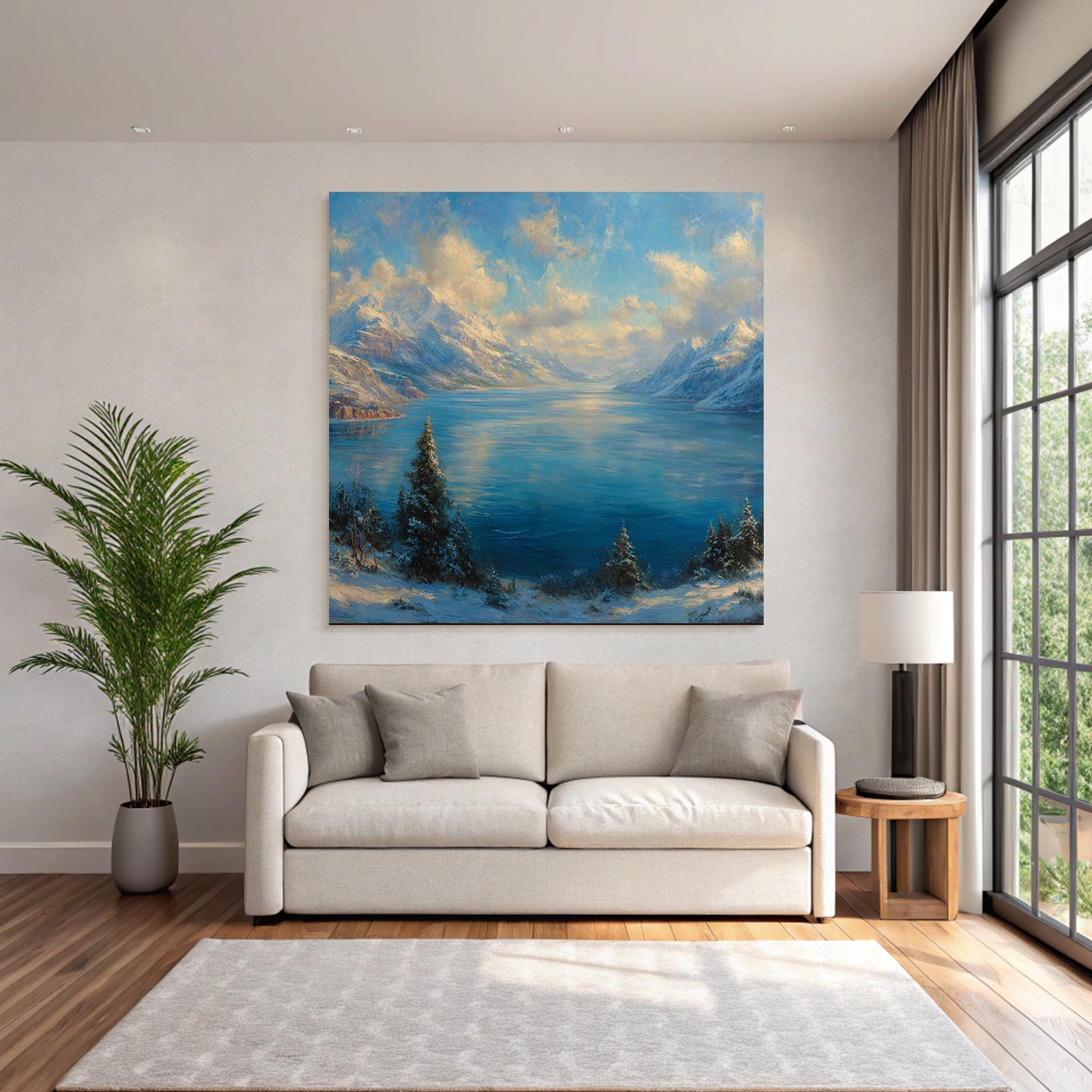 Ruhige Landschaft Mit Schneebedeckten Bergen Und Klarem Wasser