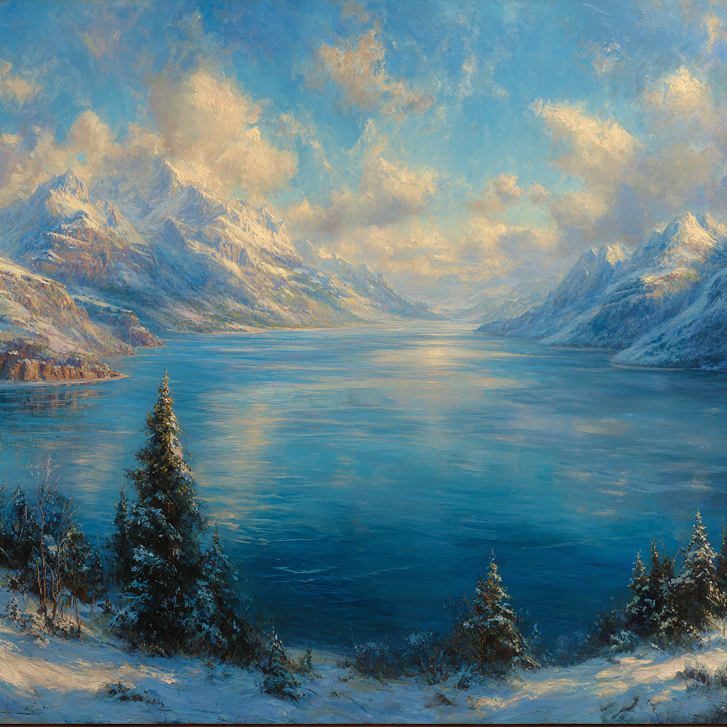 Ruhige Landschaft Mit Schneebedeckten Bergen Und Klarem Wasser | Winter | Jahreszeiten