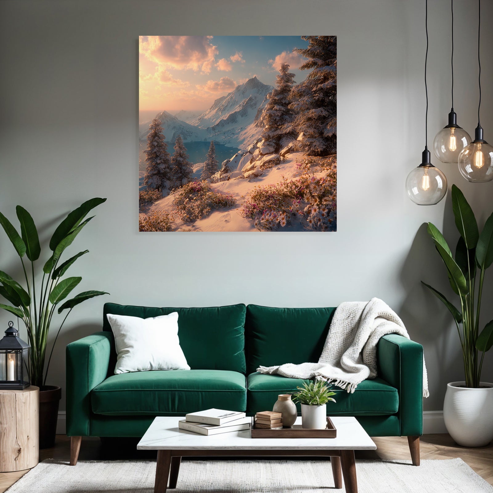 Ruhige Landschaft Schneebedeckte Berge Evergreen Bäume See Sonnenuntergang