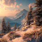 Ruhige Landschaft Schneebedeckte Berge Evergreen Bäume See Sonnenuntergang | Winter | Jahreszeiten