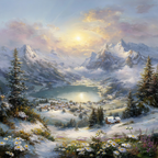 Schneebedeckte Berge Und Idyllisches Dorf Am See Sonnenaufgang Oder Sonnenuntergang | Winter | Jahreszeiten