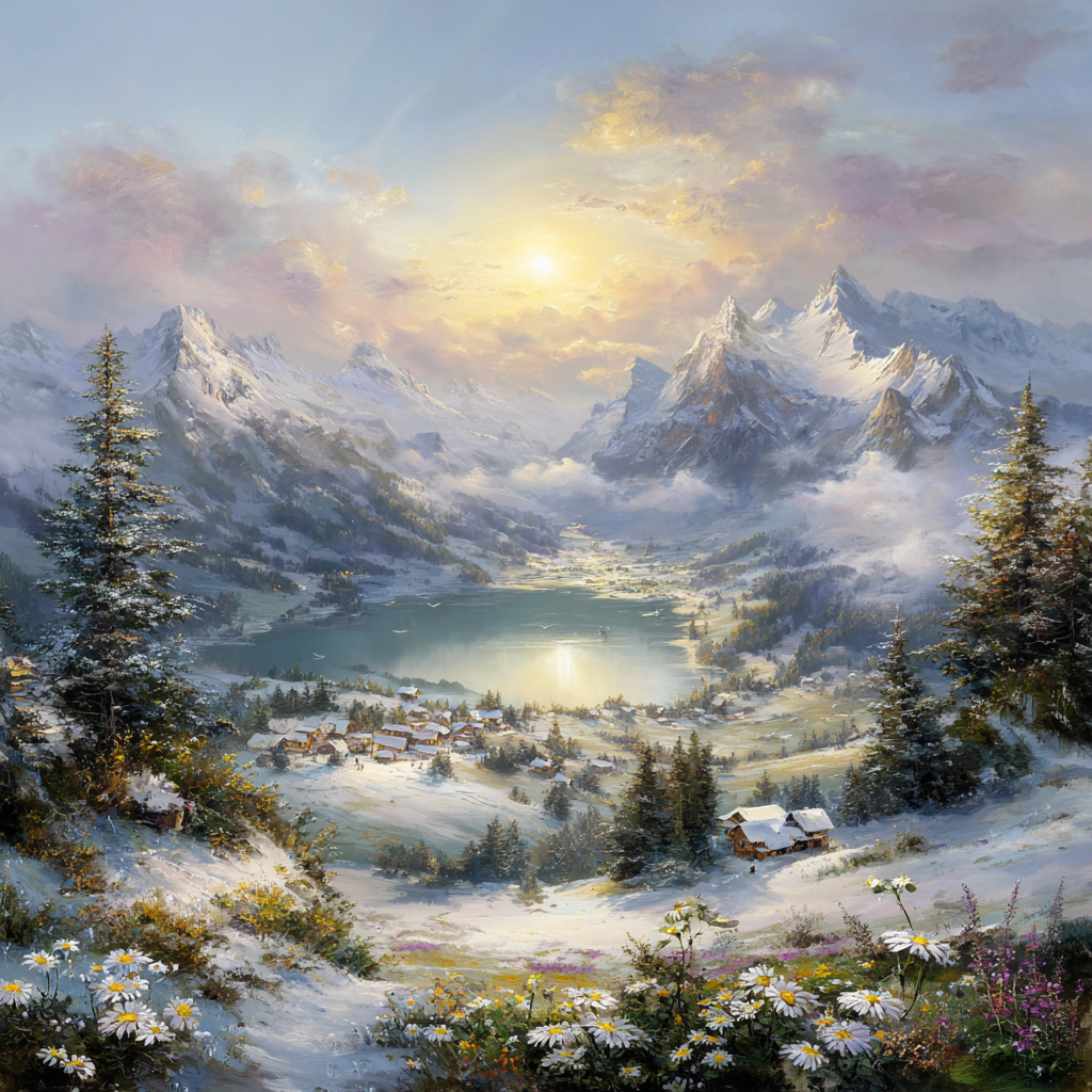 Schneebedeckte Berge Und Idyllisches Dorf Am See Sonnenaufgang Oder Sonnenuntergang | Winter | Jahreszeiten