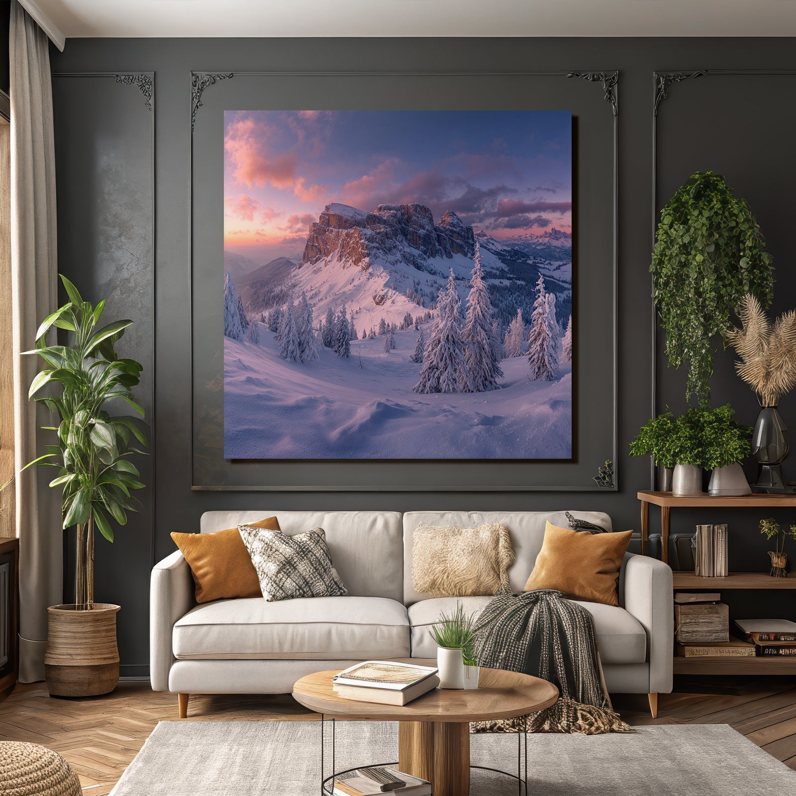 Schneebedeckte Berge Und Tannen Im Sonnenuntergang Landschaft
