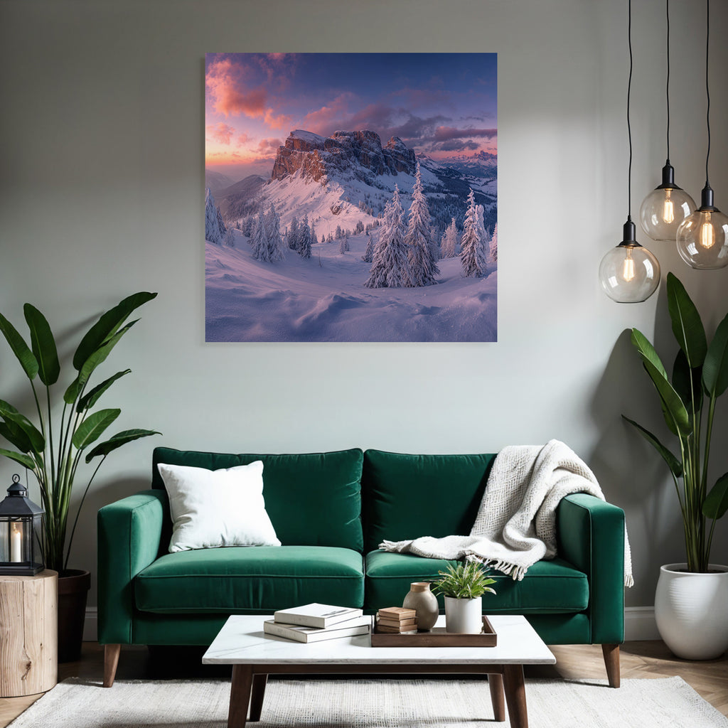 Schneebedeckte Berge Und Tannen Im Sonnenuntergang Landschaft