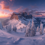 Schneebedeckte Berge Und Tannen Im Sonnenuntergang Landschaft | Winter | Jahreszeiten