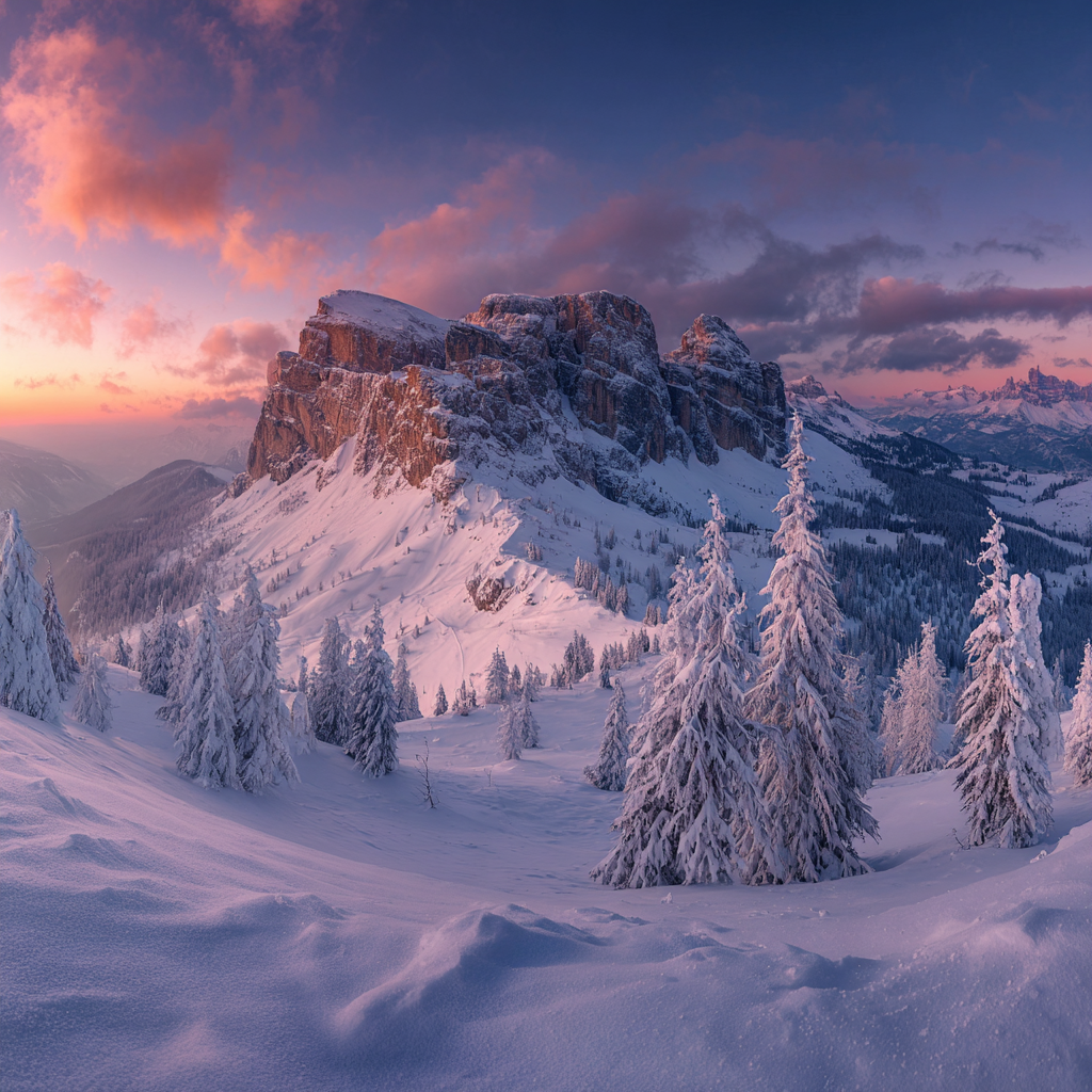 Schneebedeckte Berge Und Tannen Im Sonnenuntergang Landschaft | Winter | Jahreszeiten