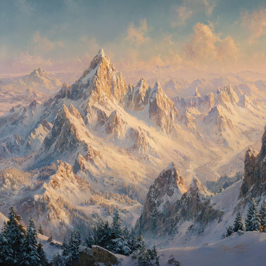Schneebedeckte Berglandschaft Mit Evergreen Bäumen Dämmerung | Winter | Jahreszeiten