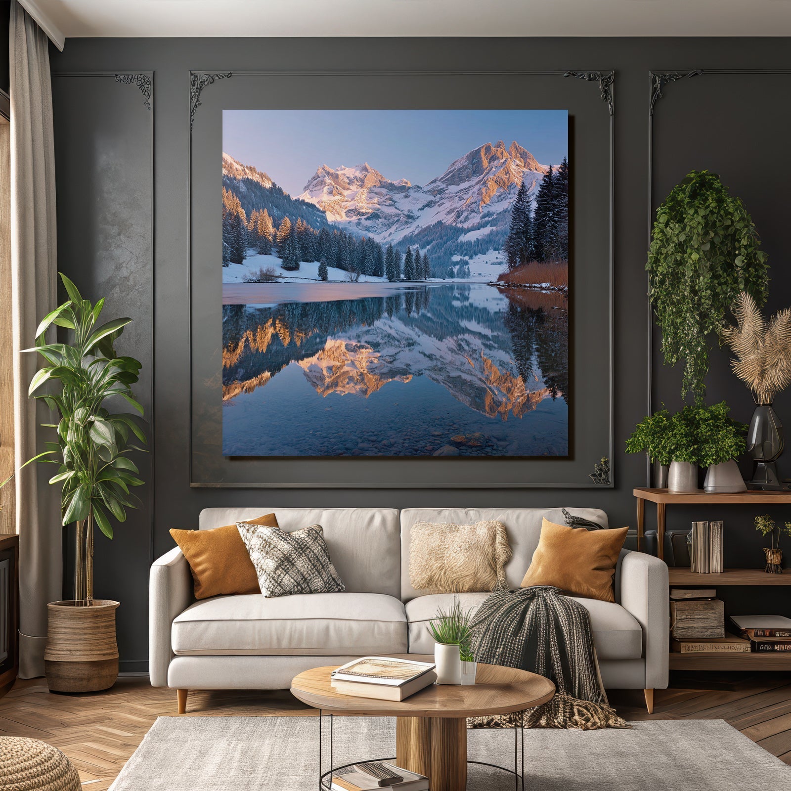 Schneebedeckte Gebirgslandschaft Spiegel Im See Allein In Der Natur