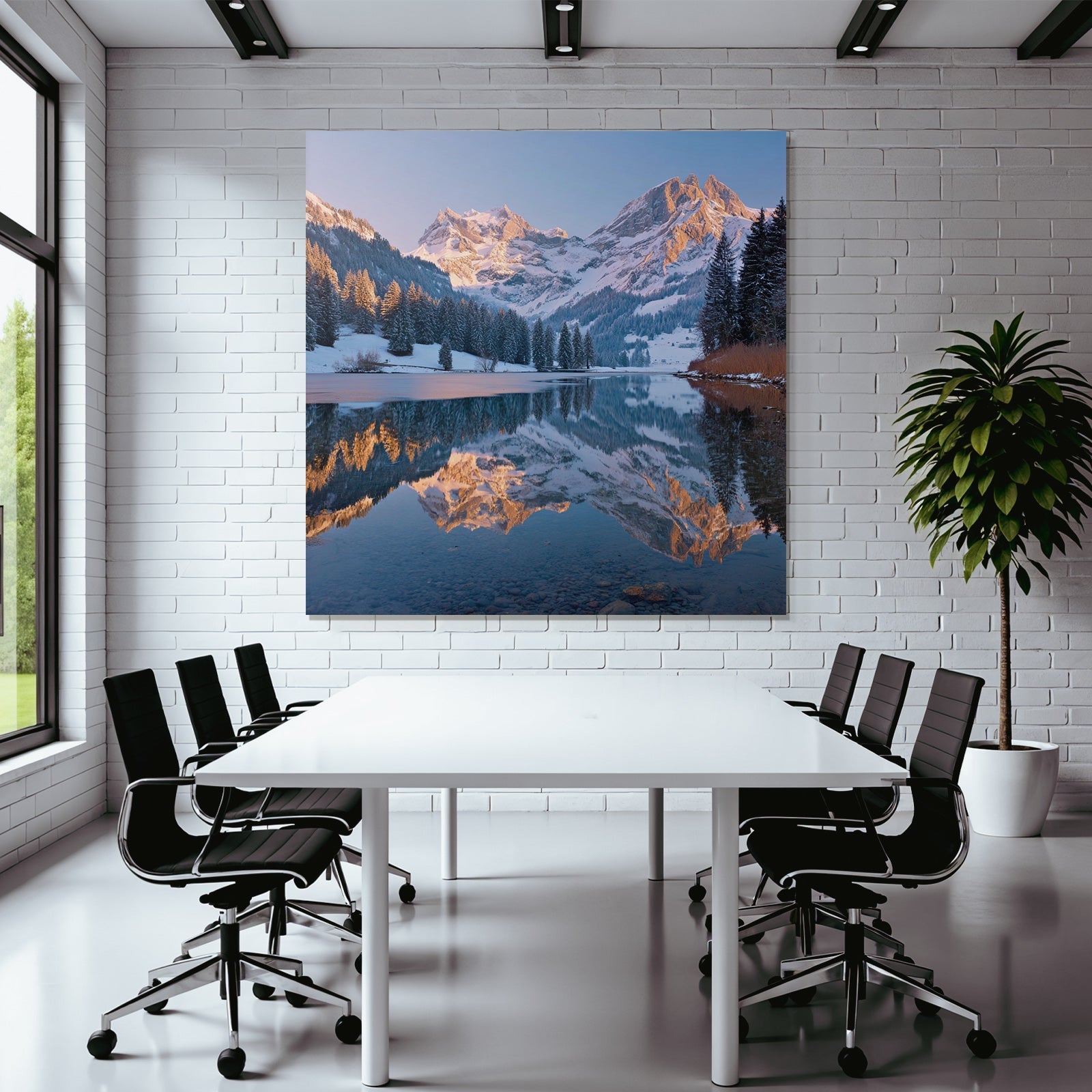 Schneebedeckte Gebirgslandschaft Spiegel Im See Allein In Der Natur