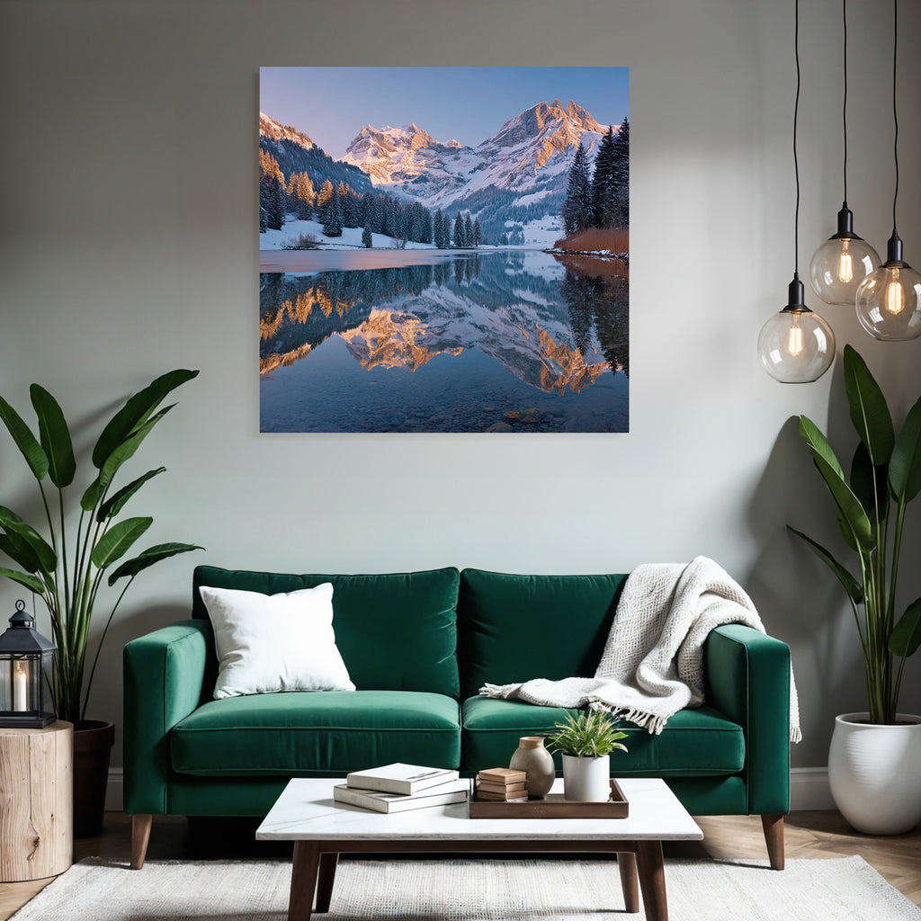 Schneebedeckte Gebirgslandschaft Spiegel Im See Allein In Der Natur