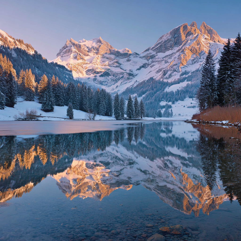 Schneebedeckte Gebirgslandschaft Spiegel Im See Allein In Der Natur | Winter | Jahreszeiten