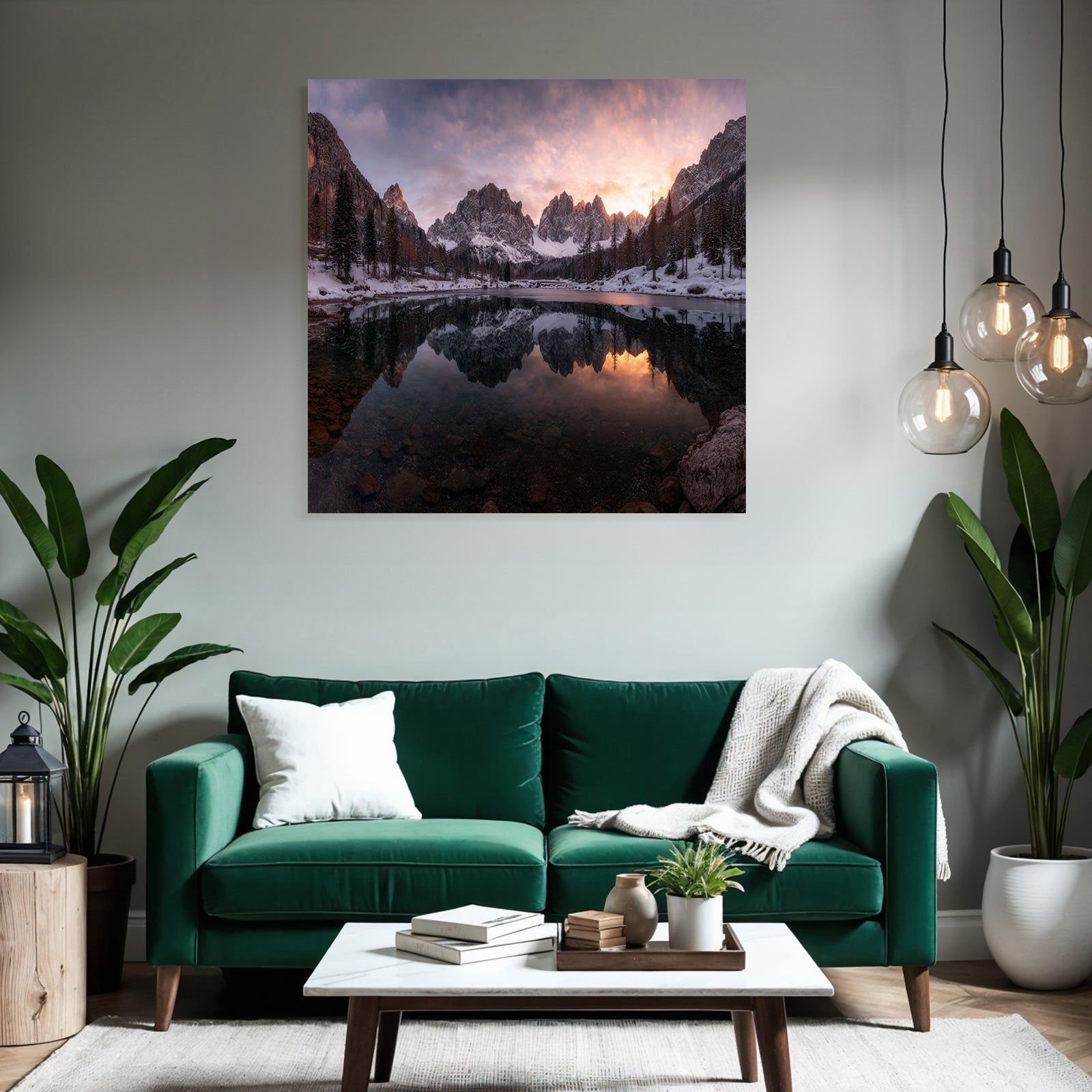 Schöne Natur Landschaft See Umgeben Von Schneebedeckten Bergen Und Bäumen Bei Sonnenuntergang