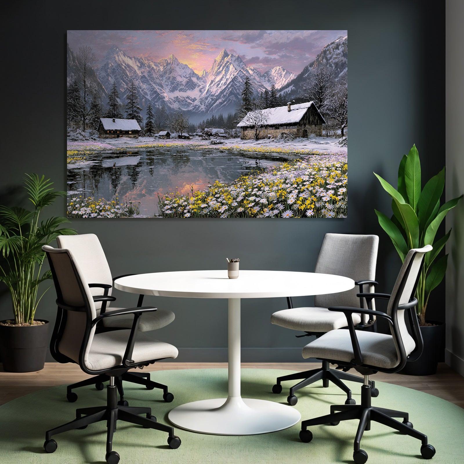 Friedliche Landschaft Mit Blumen Und Hütten
