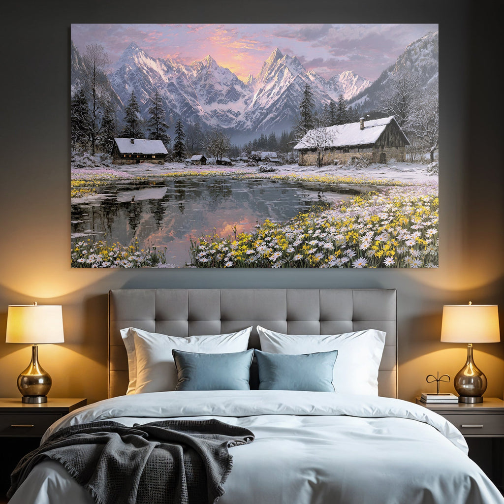 Friedliche Landschaft Mit Blumen Und Hütten