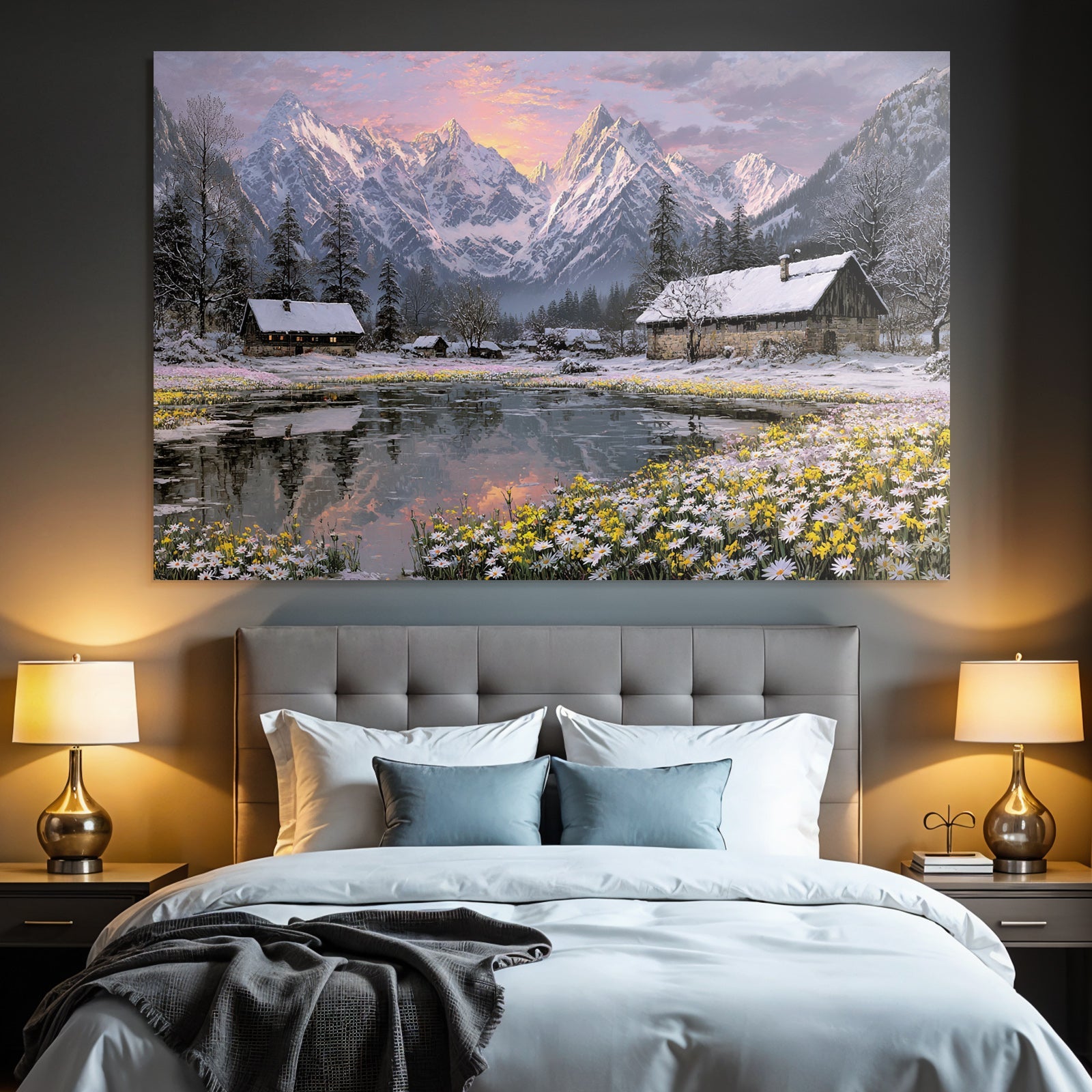 Friedliche Landschaft Mit Blumen Und Hütten