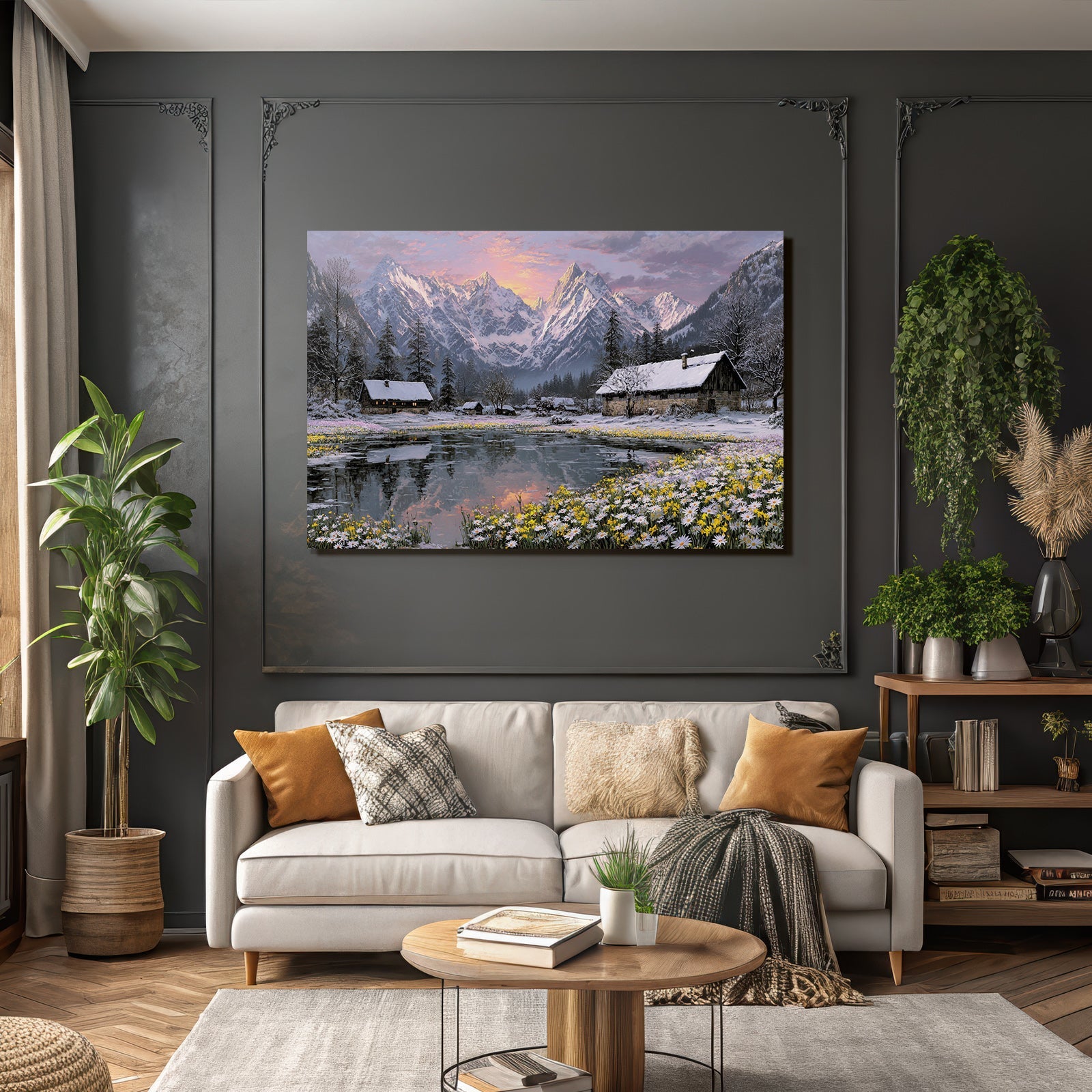 Friedliche Landschaft Mit Blumen Und Hütten
