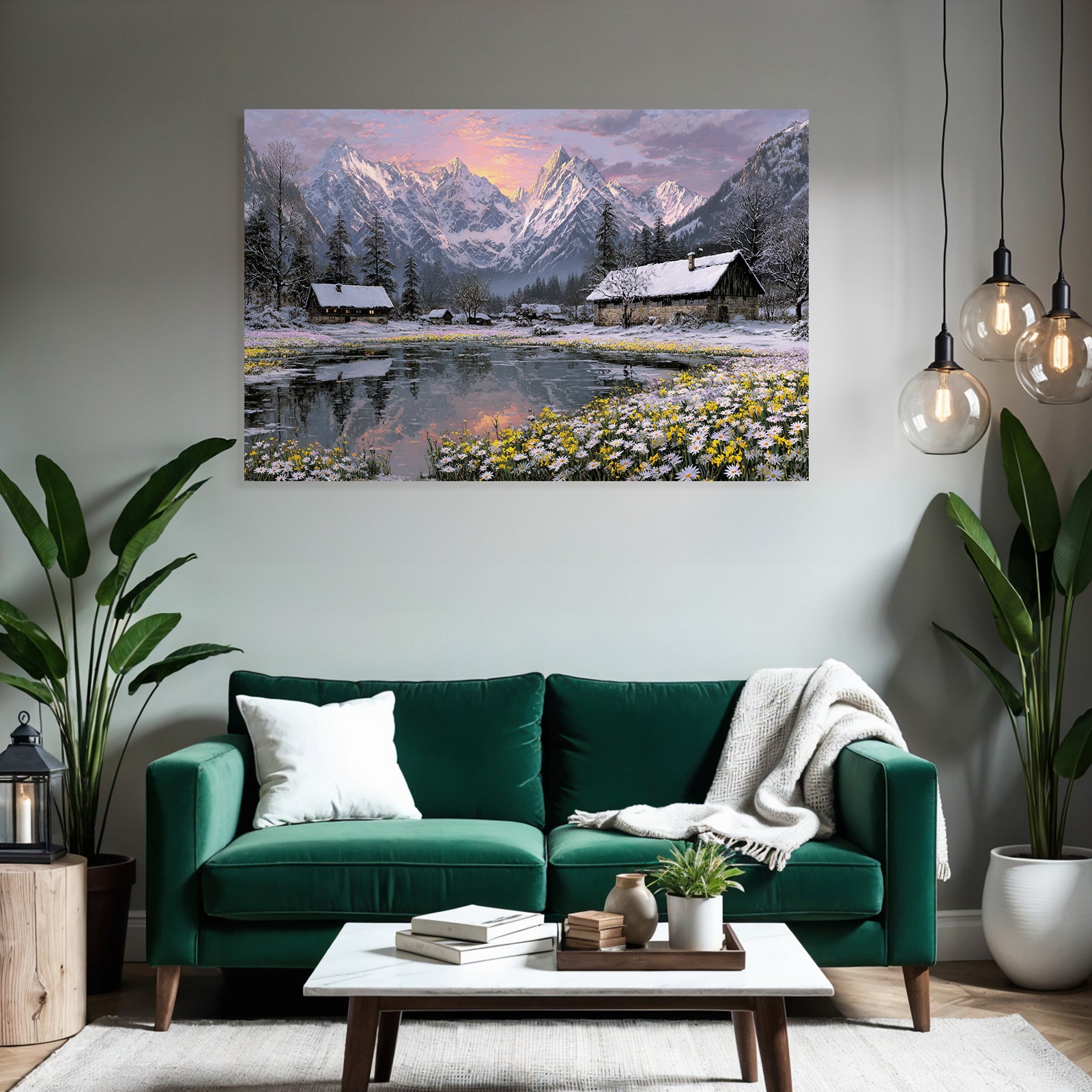 Friedliche Landschaft Mit Blumen Und Hütten