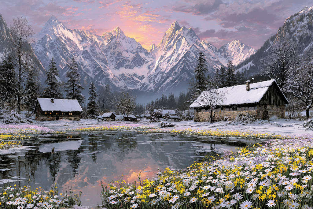 Friedliche Landschaft Mit Blumen Und Hütten | Winter | Jahreszeiten