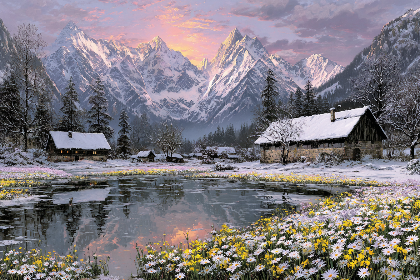 Friedliche Landschaft Mit Blumen Und Hütten | Winter | Jahreszeiten