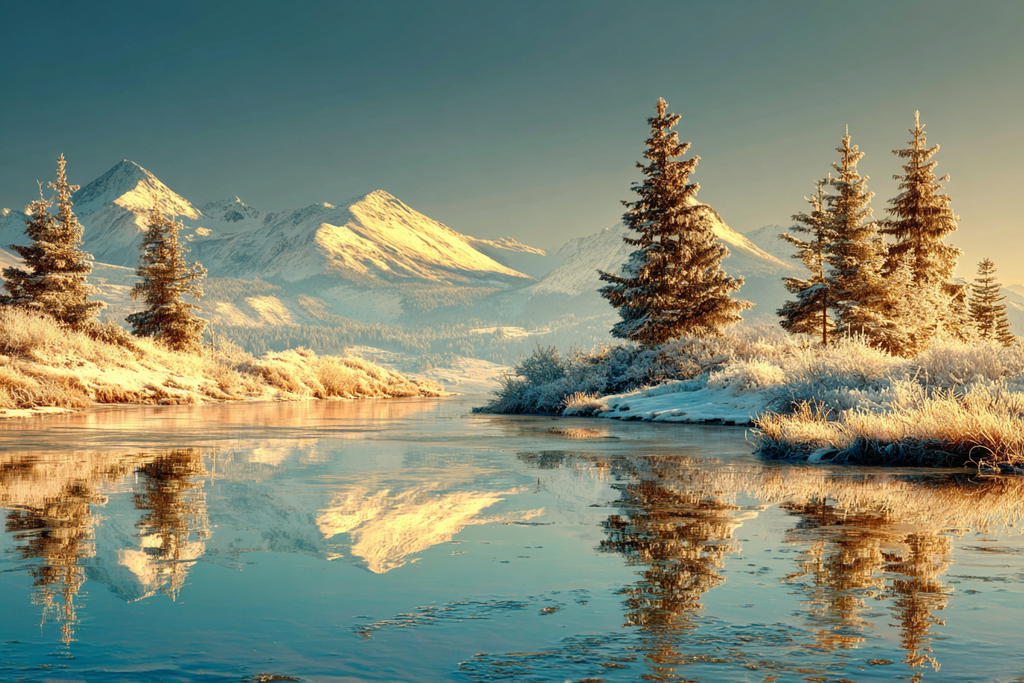 Friedliche Landschaft Mit Reflektionen Im Fluss | Winter | Jahreszeiten
