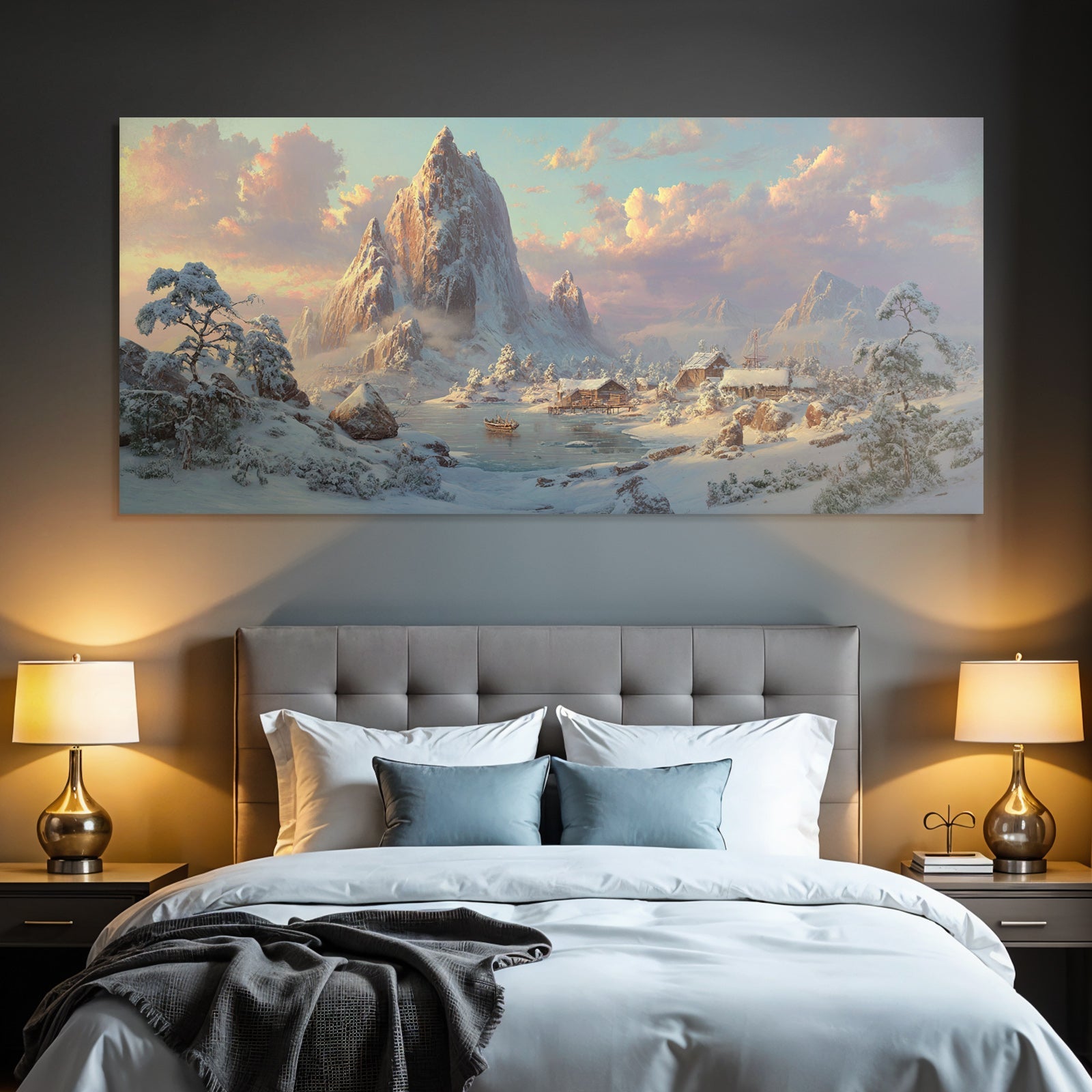 Friedliche Landschaft Mit Schneebedeckten Bergen Und Ruhigem Wasser