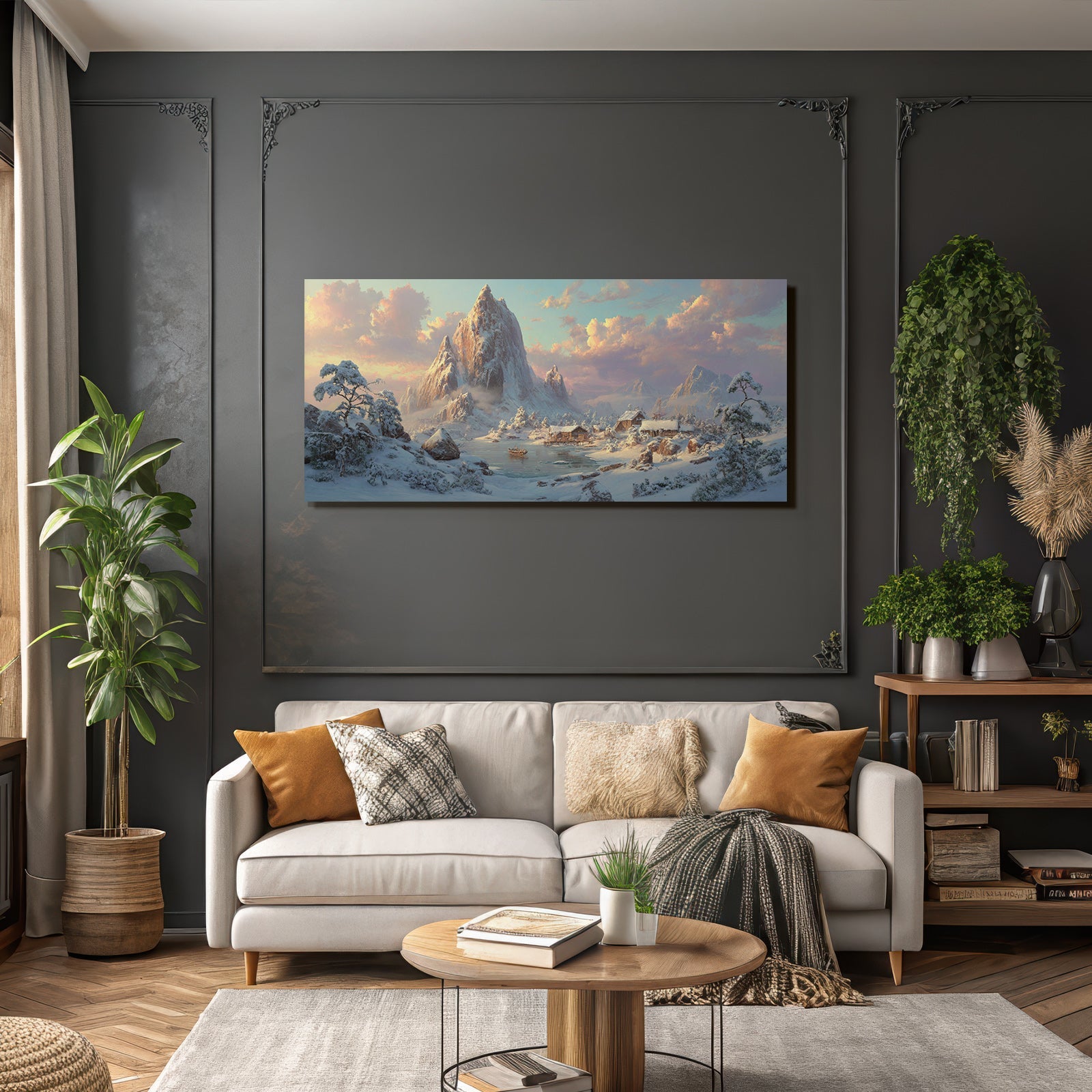 Friedliche Landschaft Mit Schneebedeckten Bergen Und Ruhigem Wasser