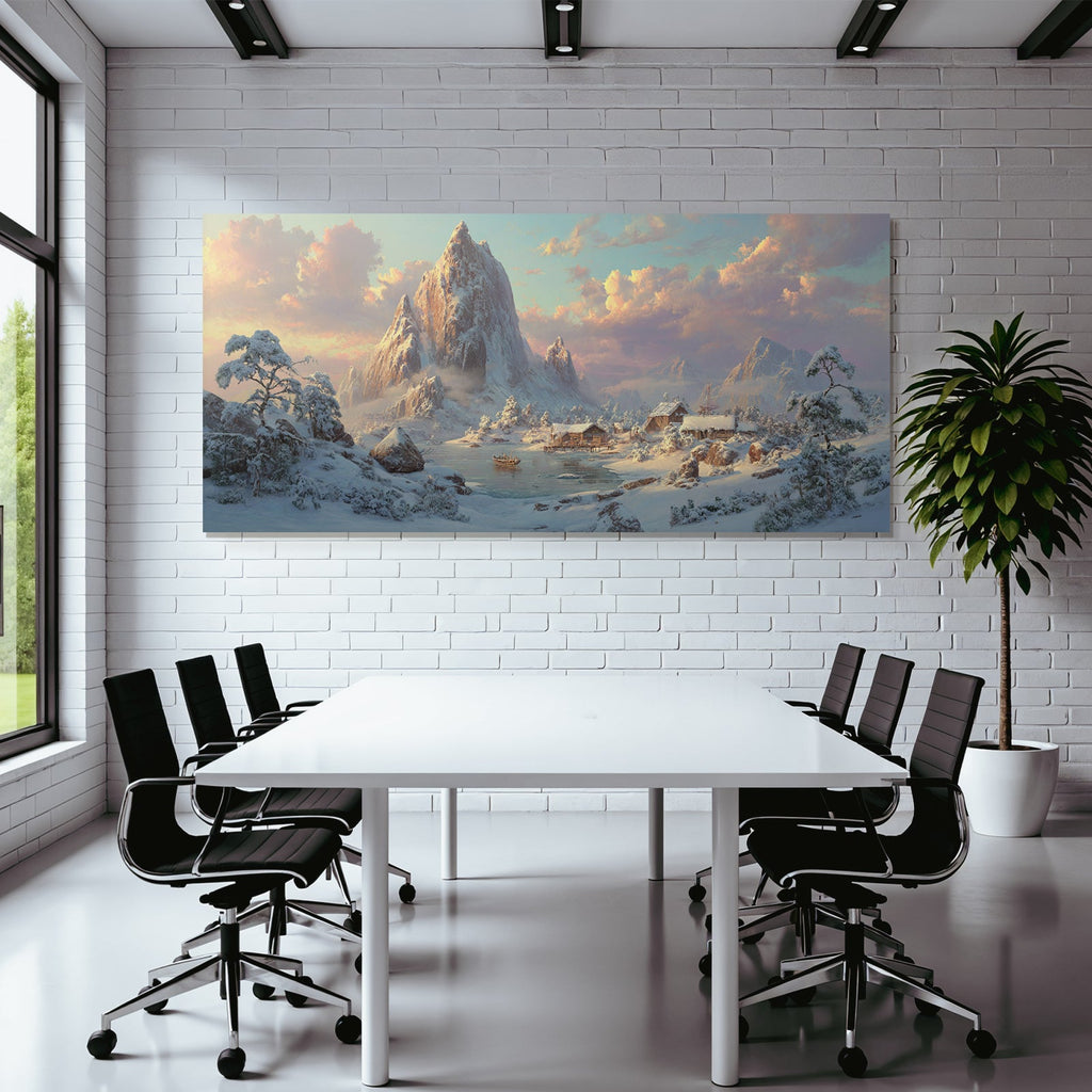 Friedliche Landschaft Mit Schneebedeckten Bergen Und Ruhigem Wasser