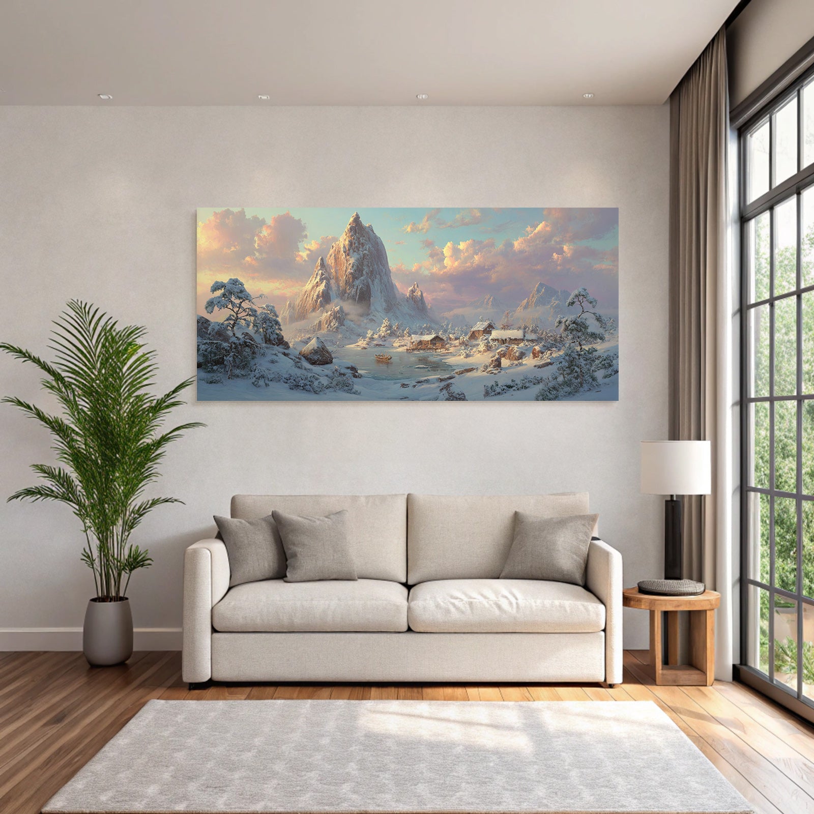 Friedliche Landschaft Mit Schneebedeckten Bergen Und Ruhigem Wasser