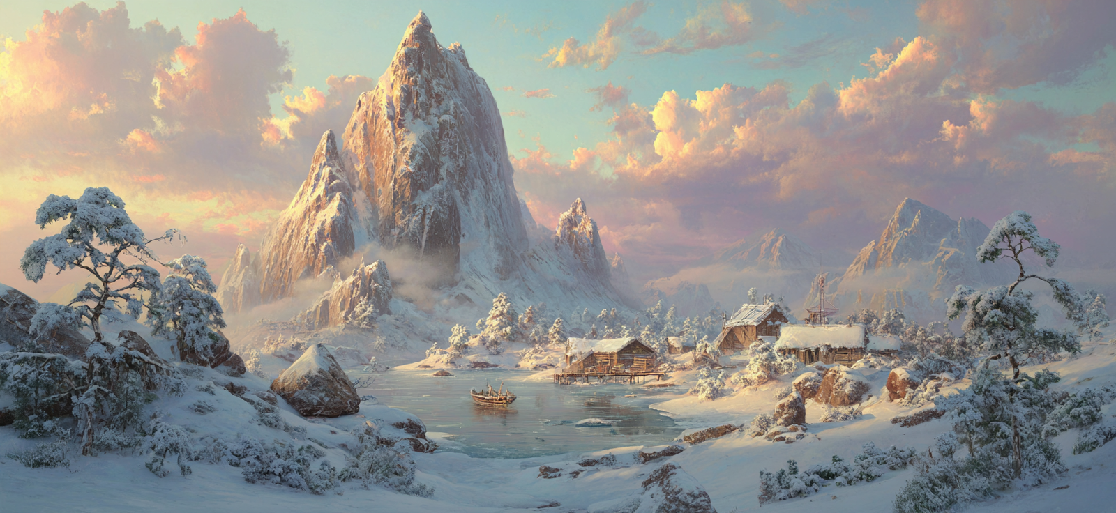 Friedliche Landschaft Mit Schneebedeckten Bergen Und Ruhigem Wasser | Winter | Jahreszeiten
