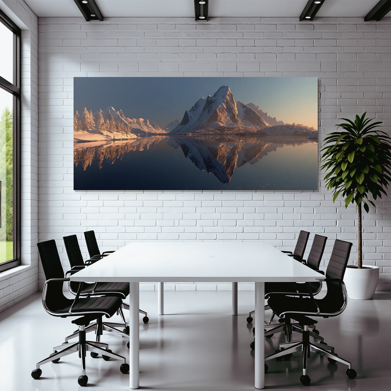 Friedliche Szene Mit Schneebedeckten Bergen Und Wasser Reflexionen