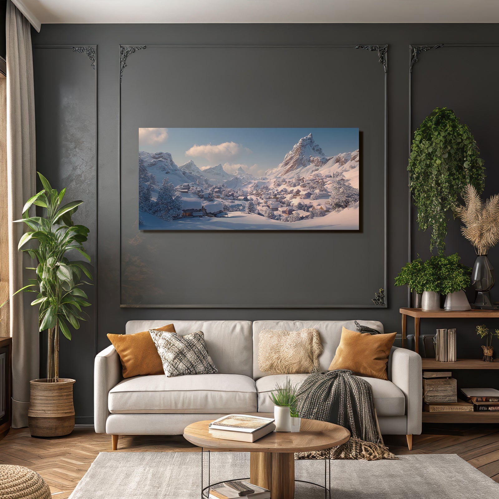Landschaft Dorf In Den Bergen Mit Schnee Und Blaüm Himmel