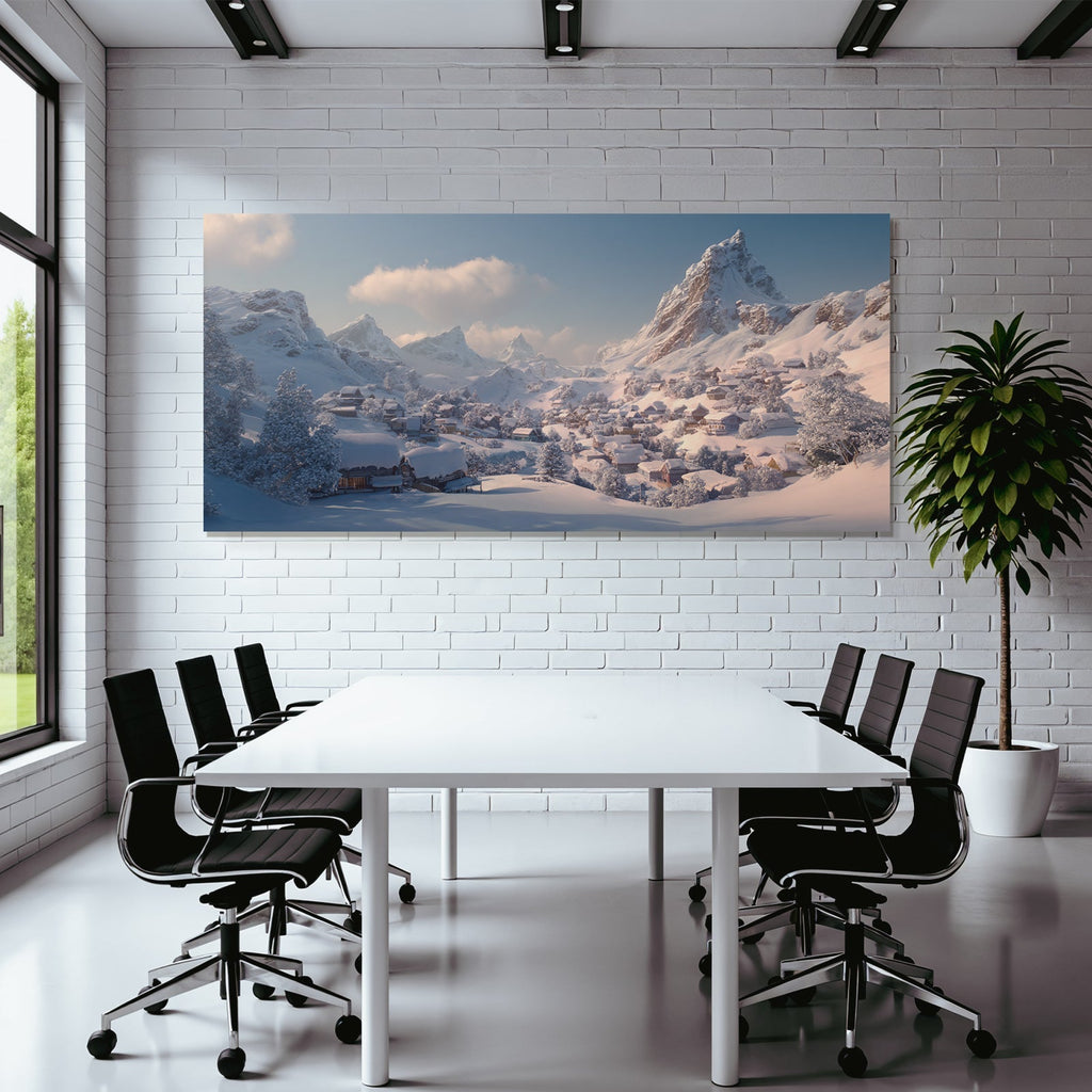 Landschaft Dorf In Den Bergen Mit Schnee Und Blaüm Himmel