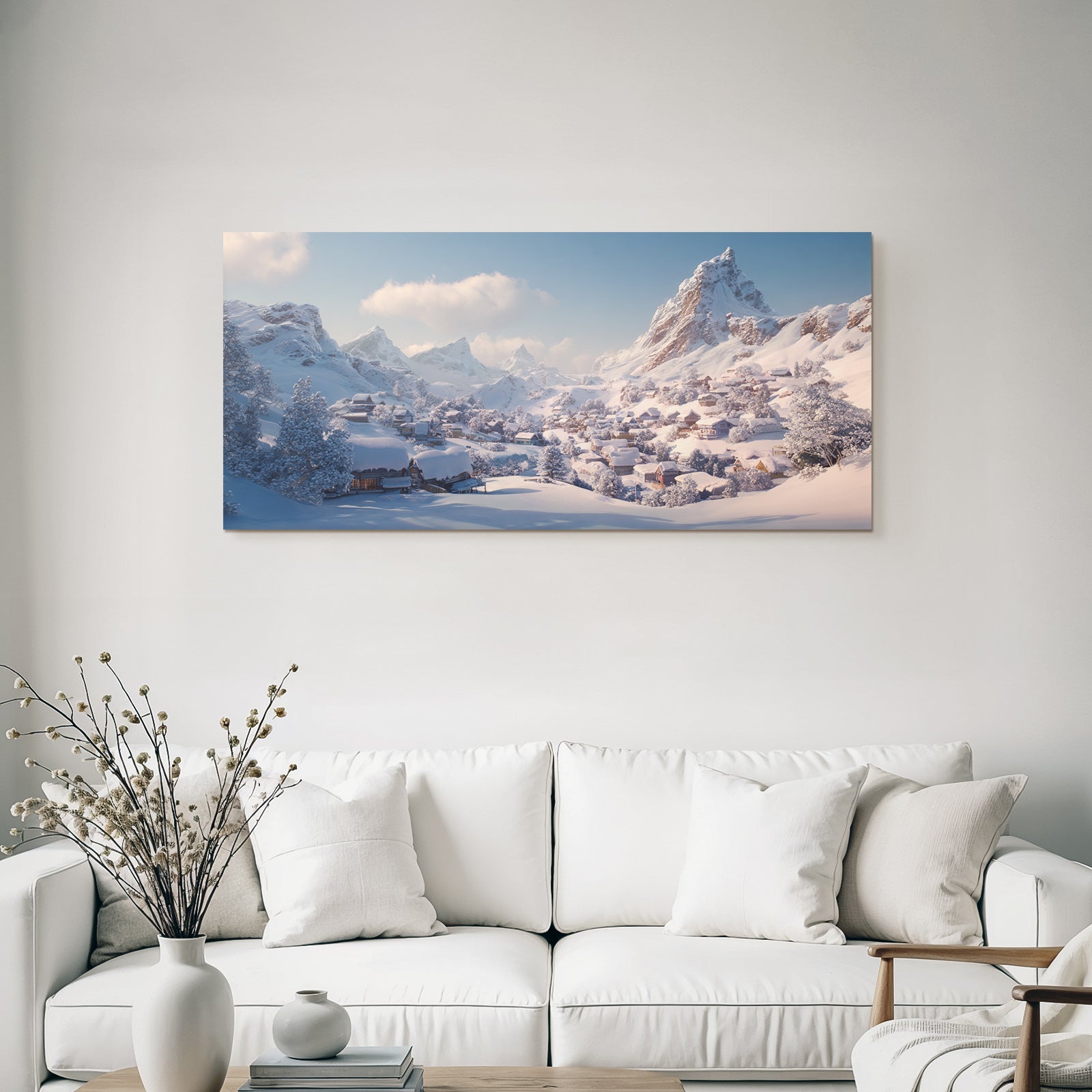 Landschaft Dorf In Den Bergen Mit Schnee Und Blaüm Himmel