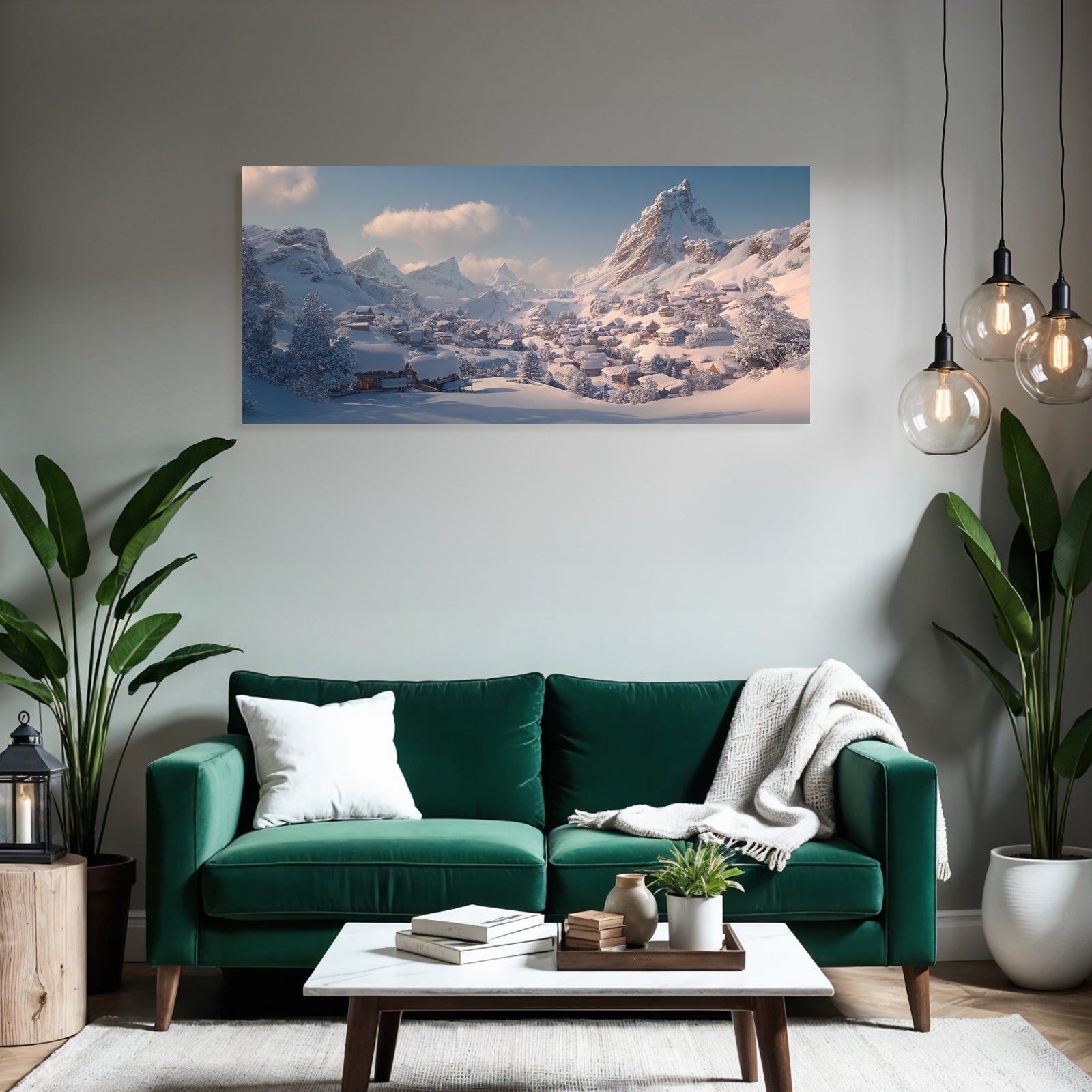 Landschaft Dorf In Den Bergen Mit Schnee Und Blaüm Himmel