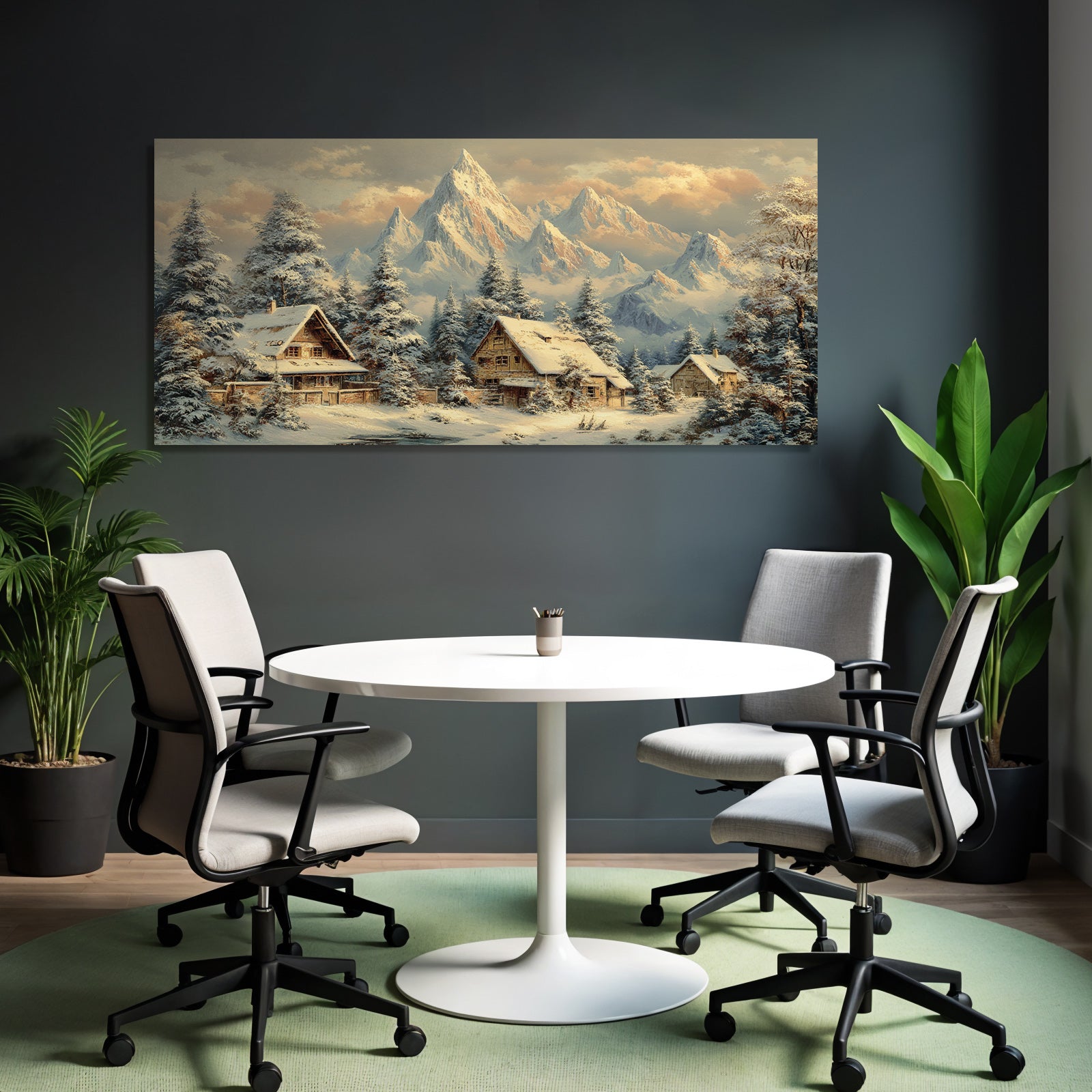 Landschaft Holzhäuser Tannenbäume Schneebedeckte Berge Ruhige Atmosphäre