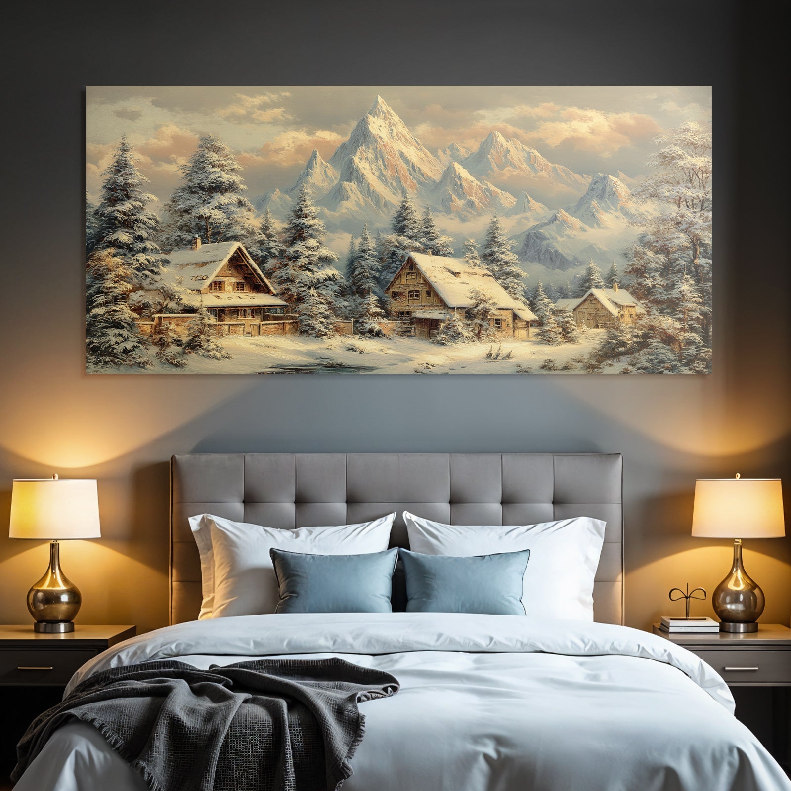 Landschaft Holzhäuser Tannenbäume Schneebedeckte Berge Ruhige Atmosphäre
