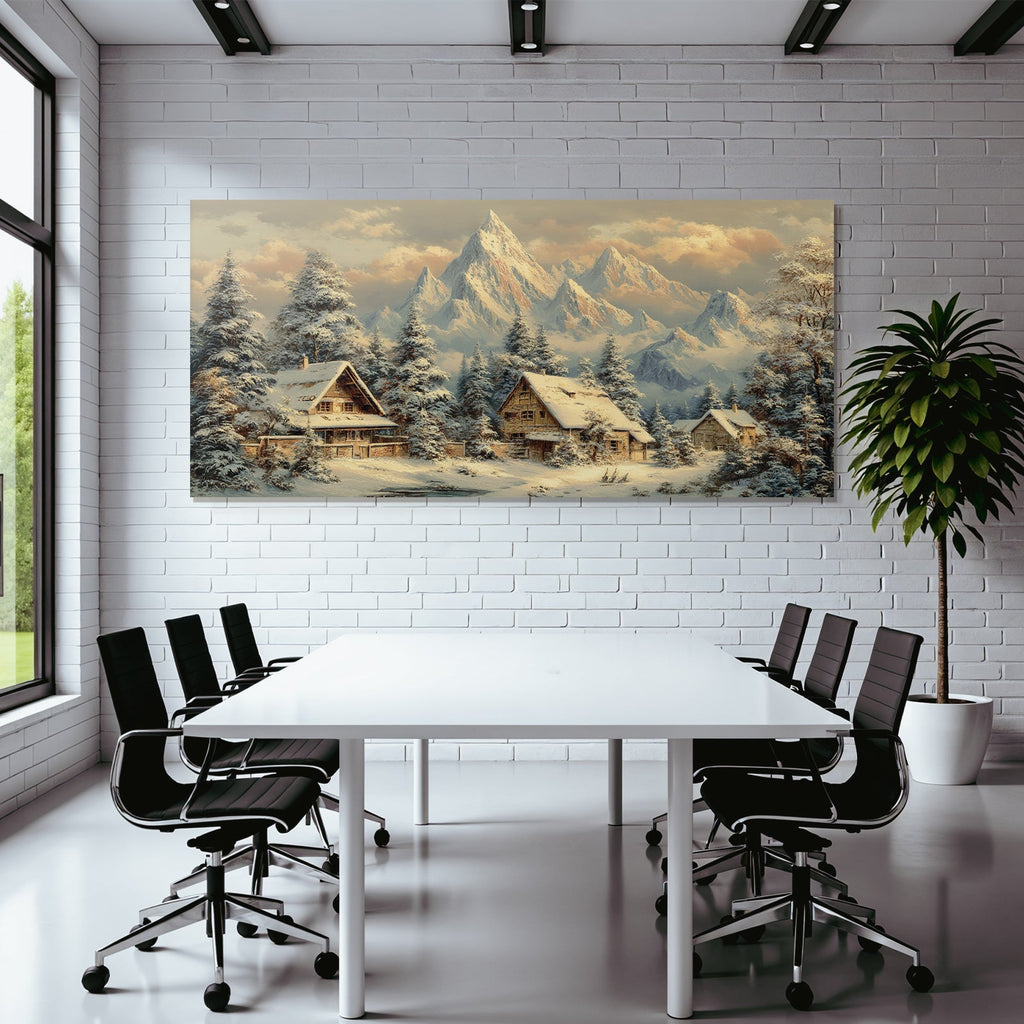Landschaft Holzhäuser Tannenbäume Schneebedeckte Berge Ruhige Atmosphäre