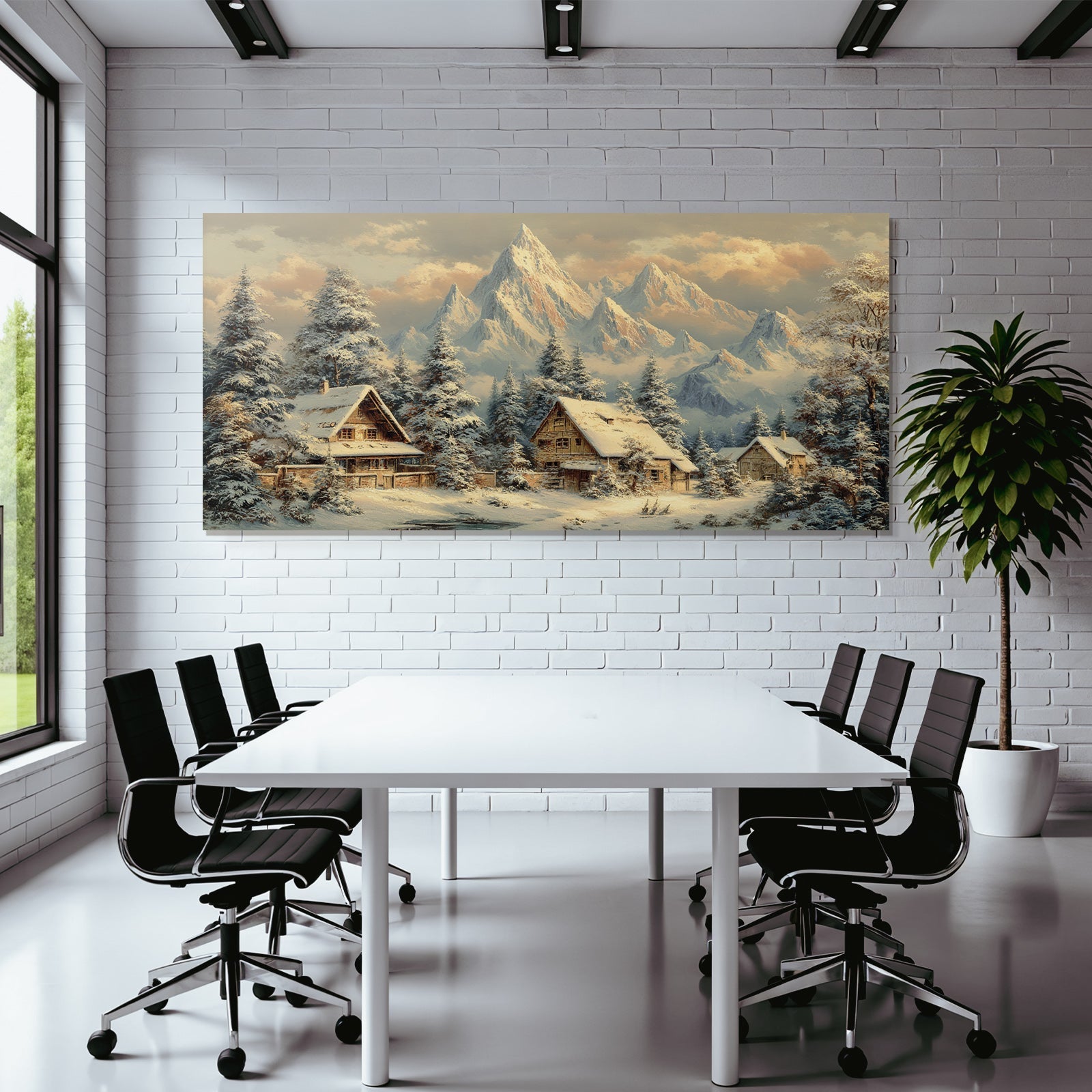 Landschaft Holzhäuser Tannenbäume Schneebedeckte Berge Ruhige Atmosphäre