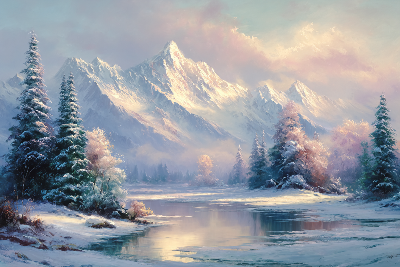 Landschaft Im Schnee Mit Berg Und See | Winter | Jahreszeiten