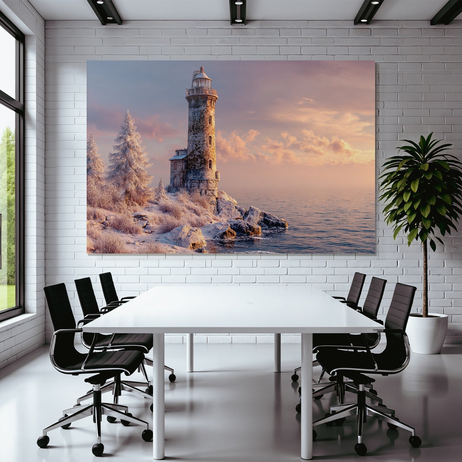 Landschaft Leuchtturm Felsenküste Schnee Ruhe Reflexion Anzicht