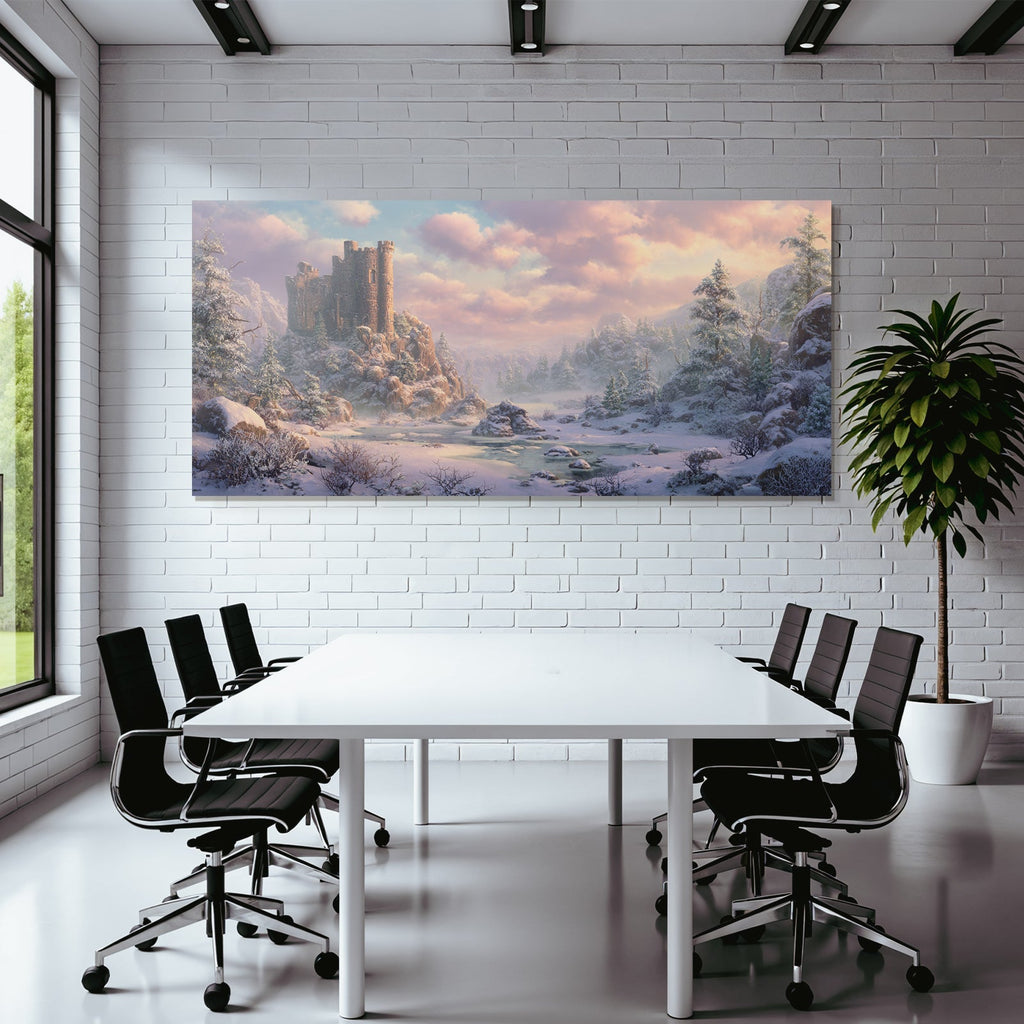 Landschaft Mit Burg Und Schnee Auf Hügel