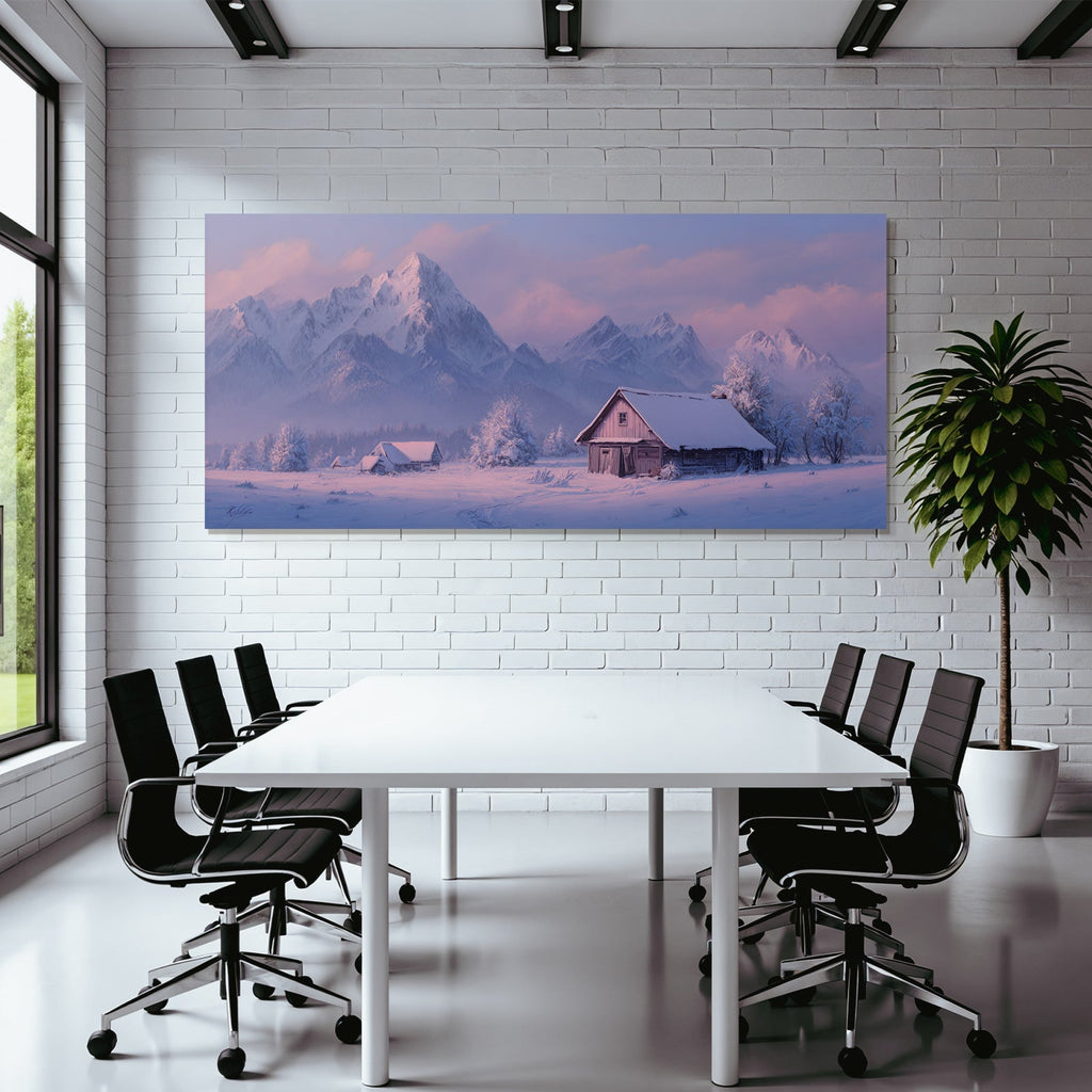 Landschaft Mit Hütten Und Bergen In Der Dämmerung