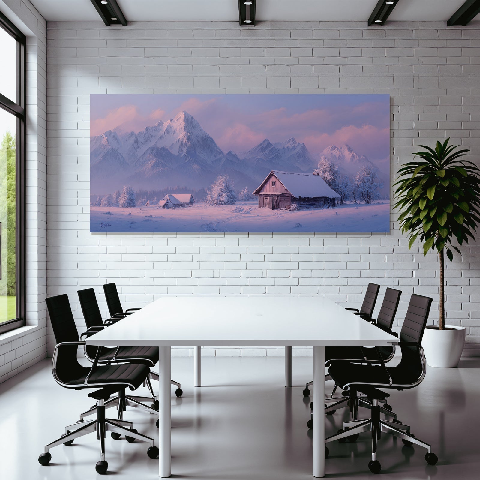Landschaft Mit Hütten Und Bergen In Der Dämmerung